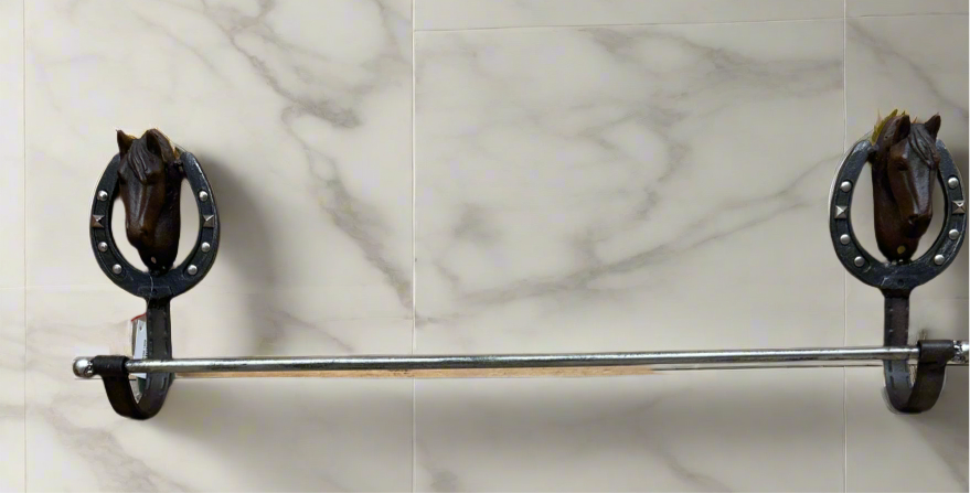 27” Metal Towel Bar With Cast Horse Heads