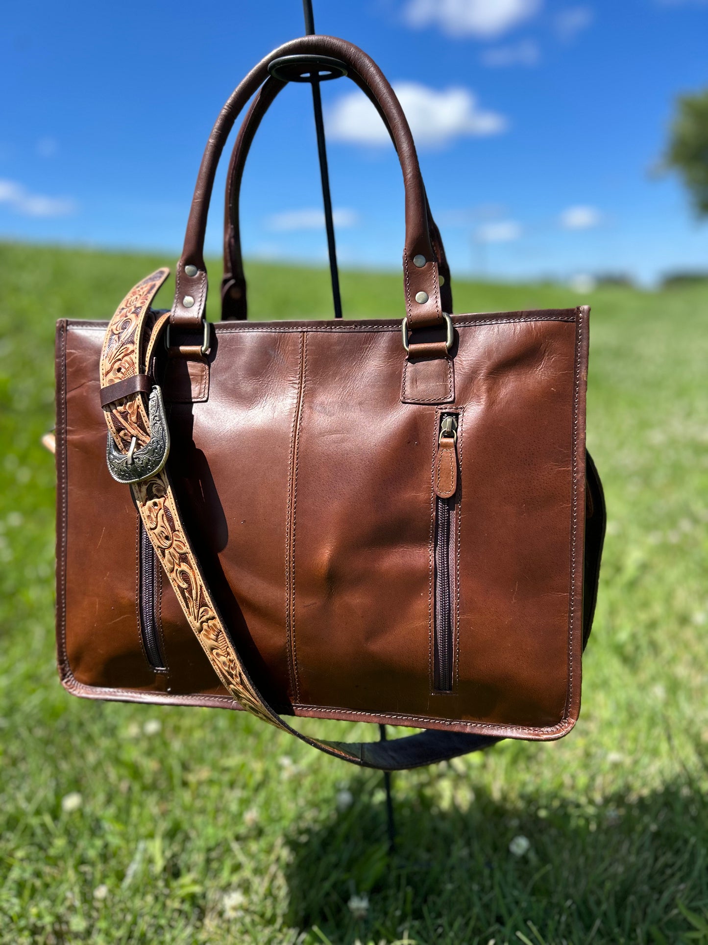 Leather Purse With Cowhide 12x16x5