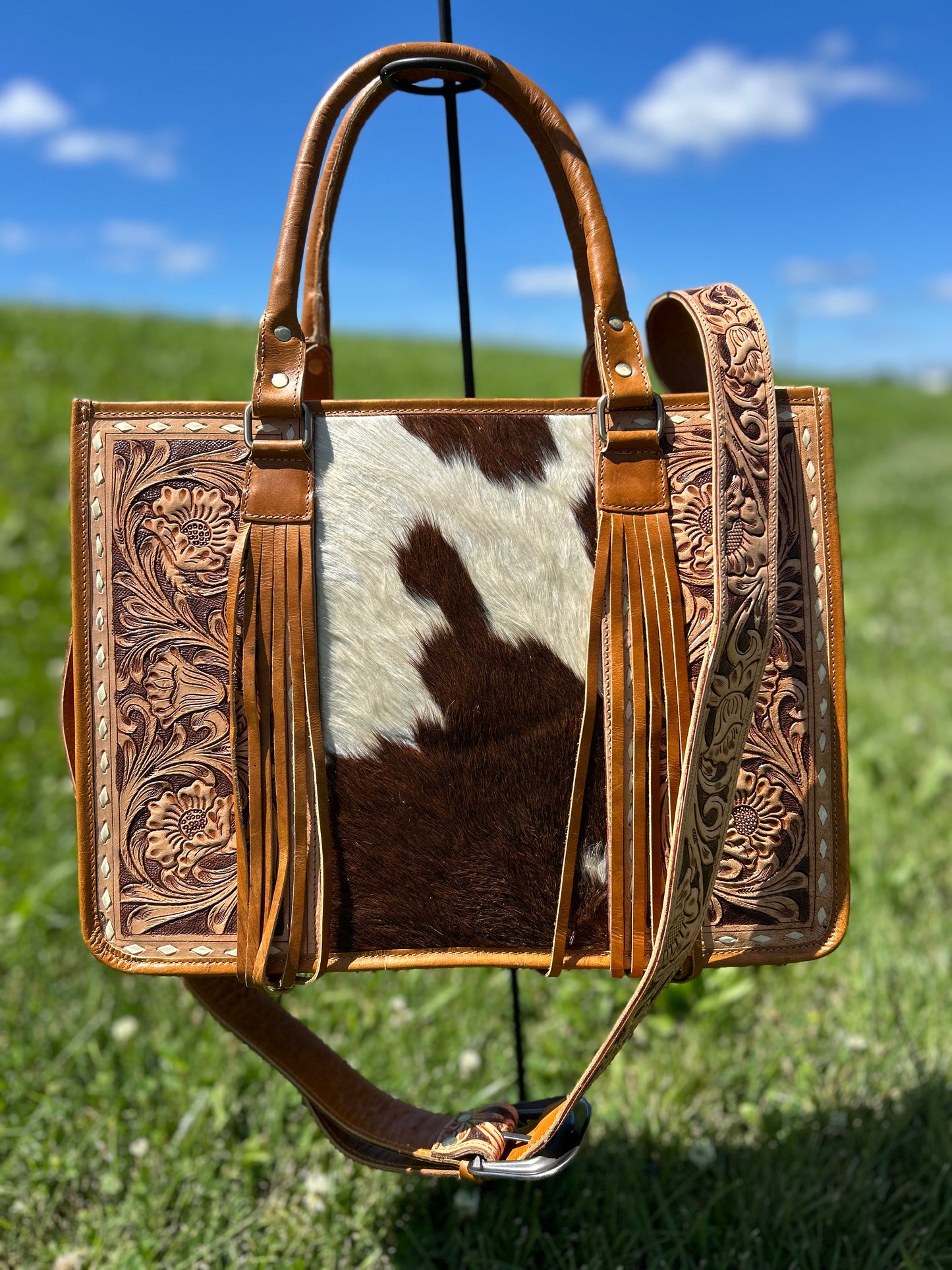 Leather Purse With Cowhide 12x16x5