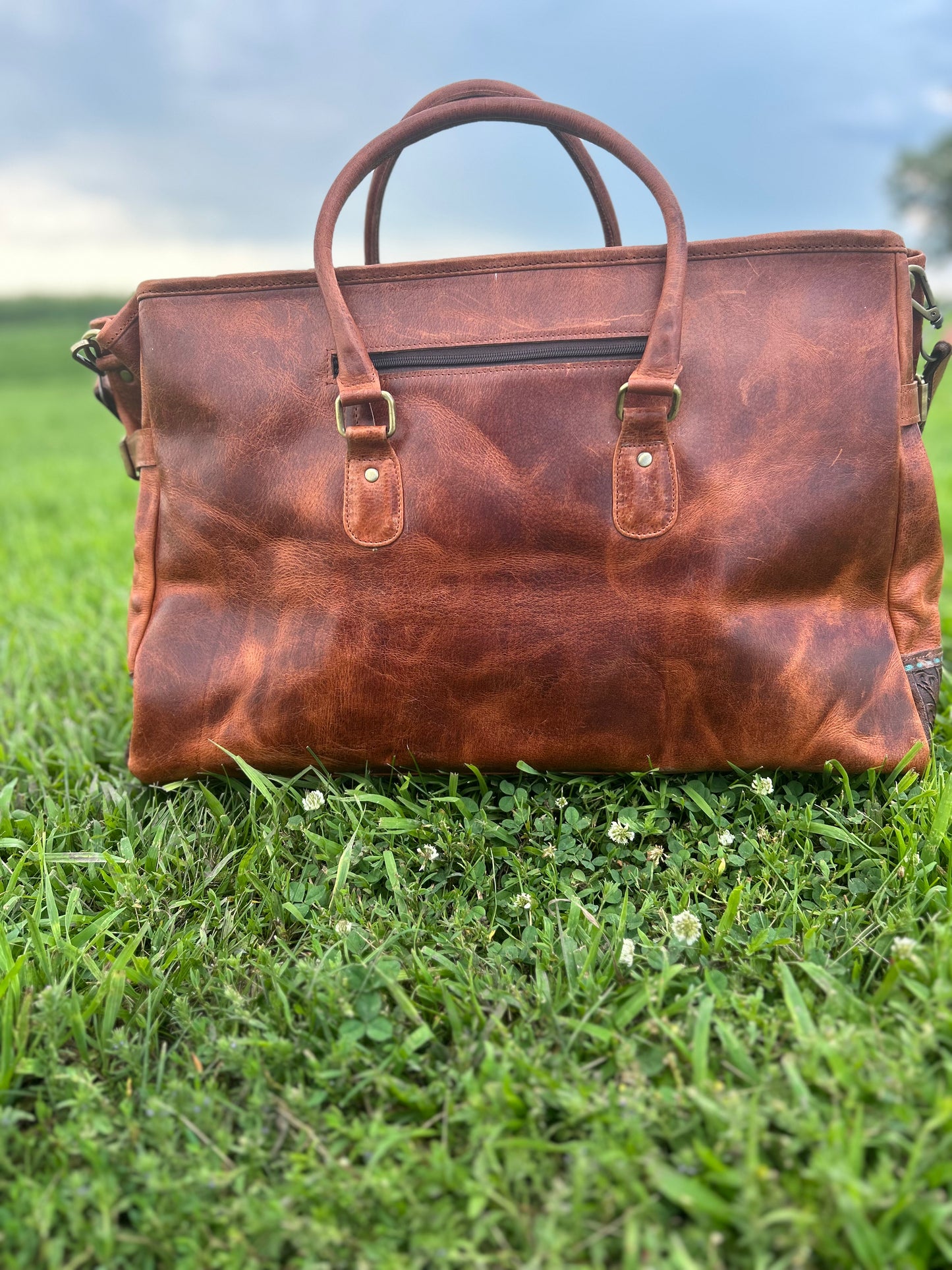 100% Leather Duffel With Wool Aztec Design 14x24x9
