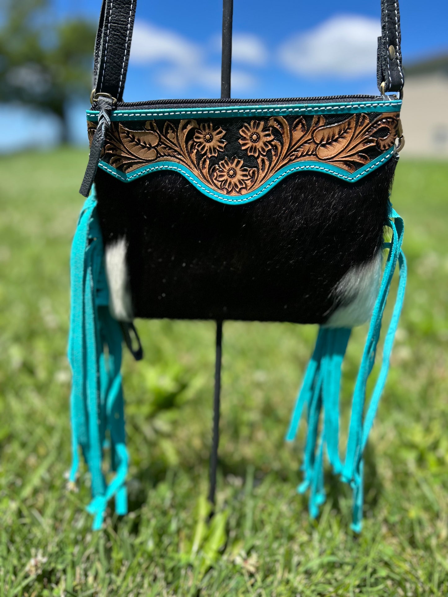 7x9 Crossbody / Wristlet Tooled Leather With Cowhide
