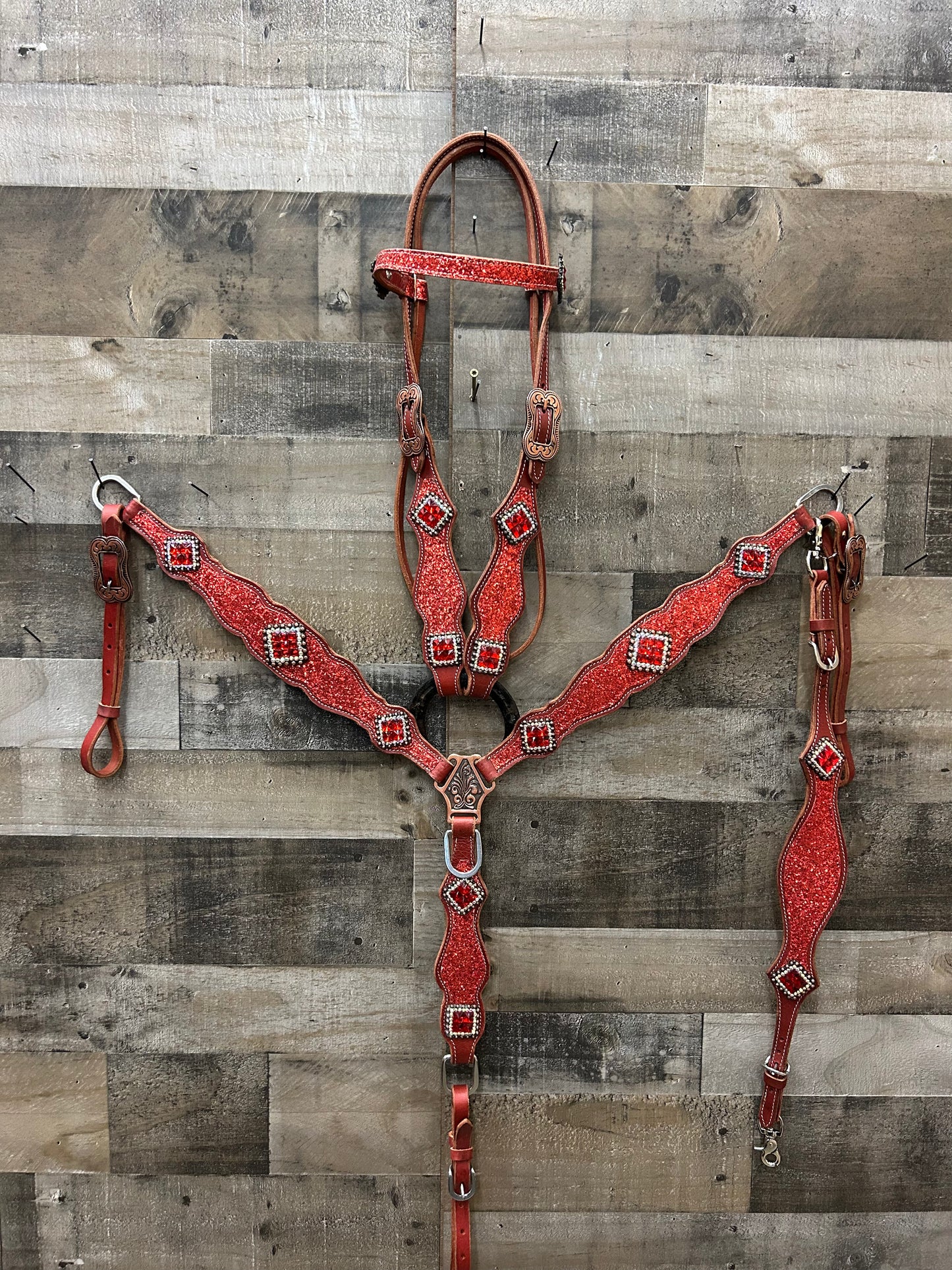 South Point latigo leather Red Glitter 3 piece set