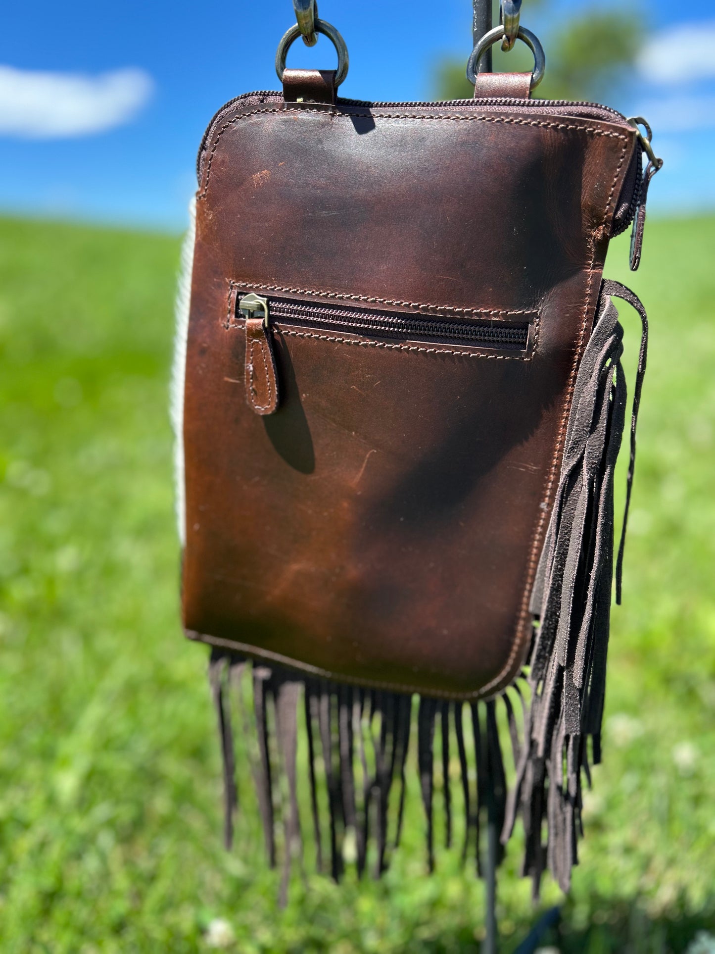 Hand Tooled Cowhide Leather Sling Bag With Hand Strap 7x10.5