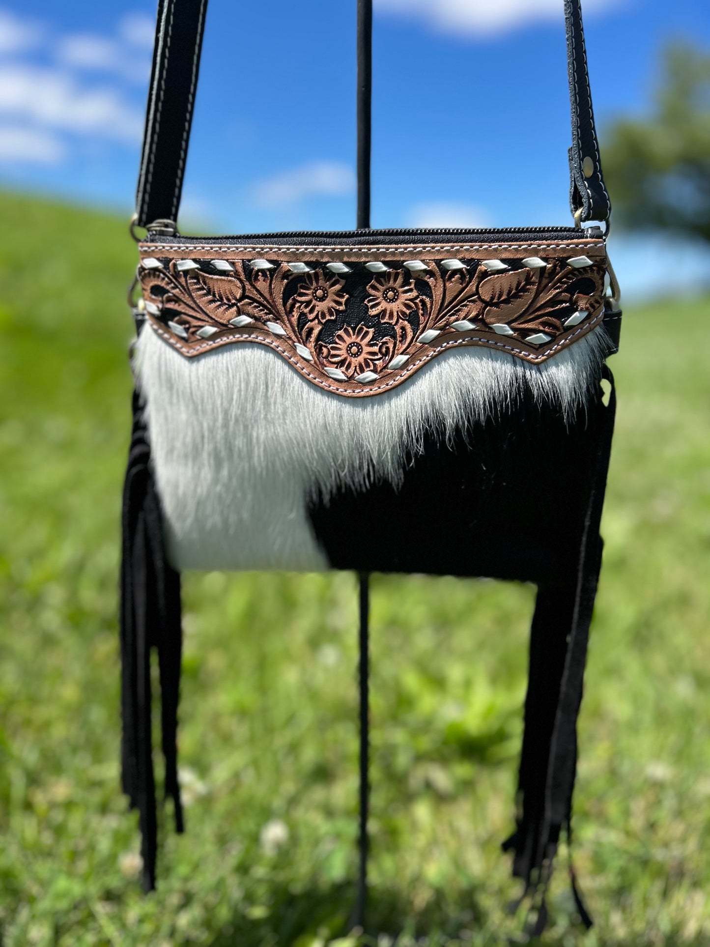 7x9 Crossbody / Wristlet Tooled Leather With Cowhide