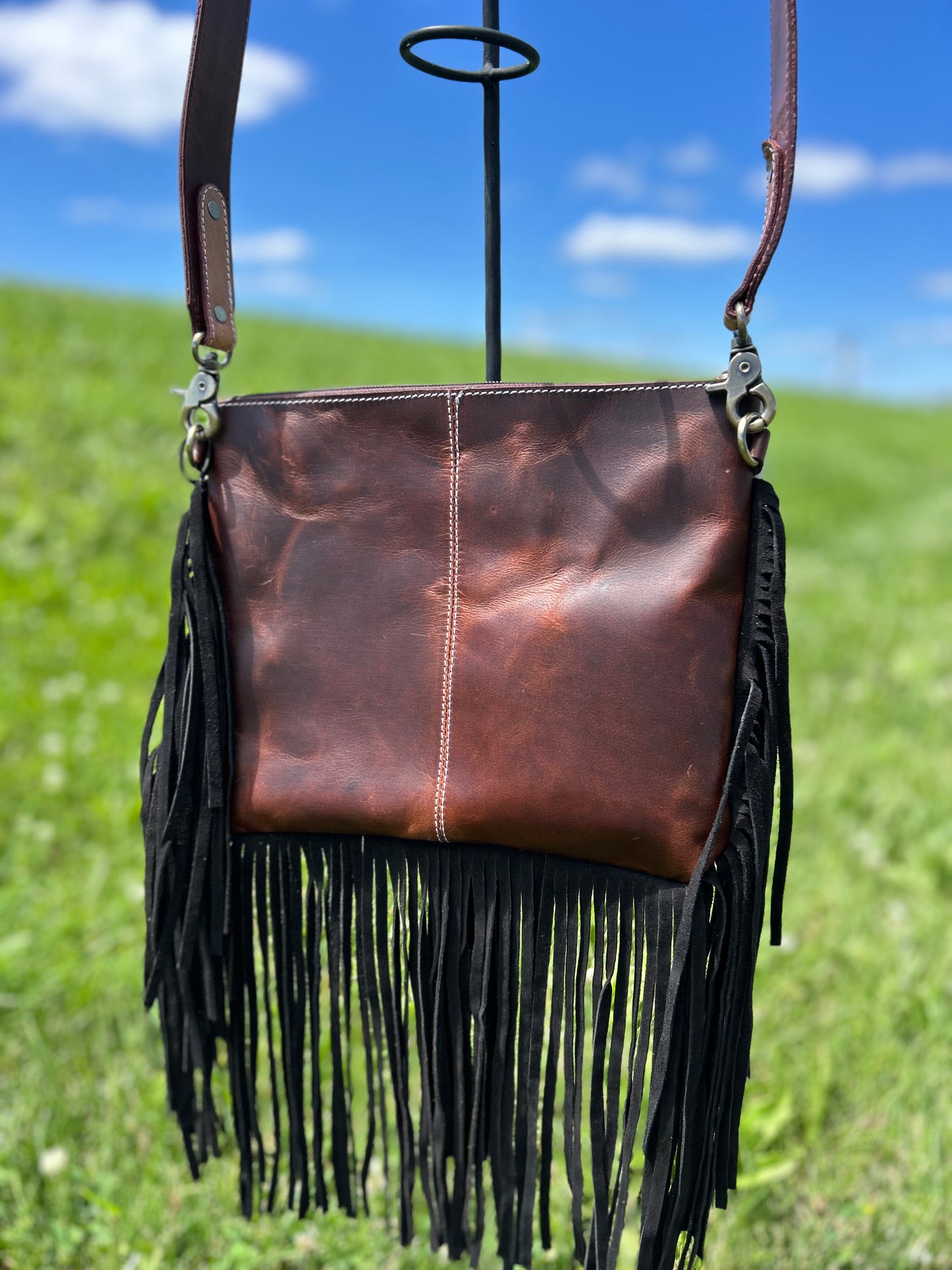 9x11 Tooled Leather With Cowhide Cross Body