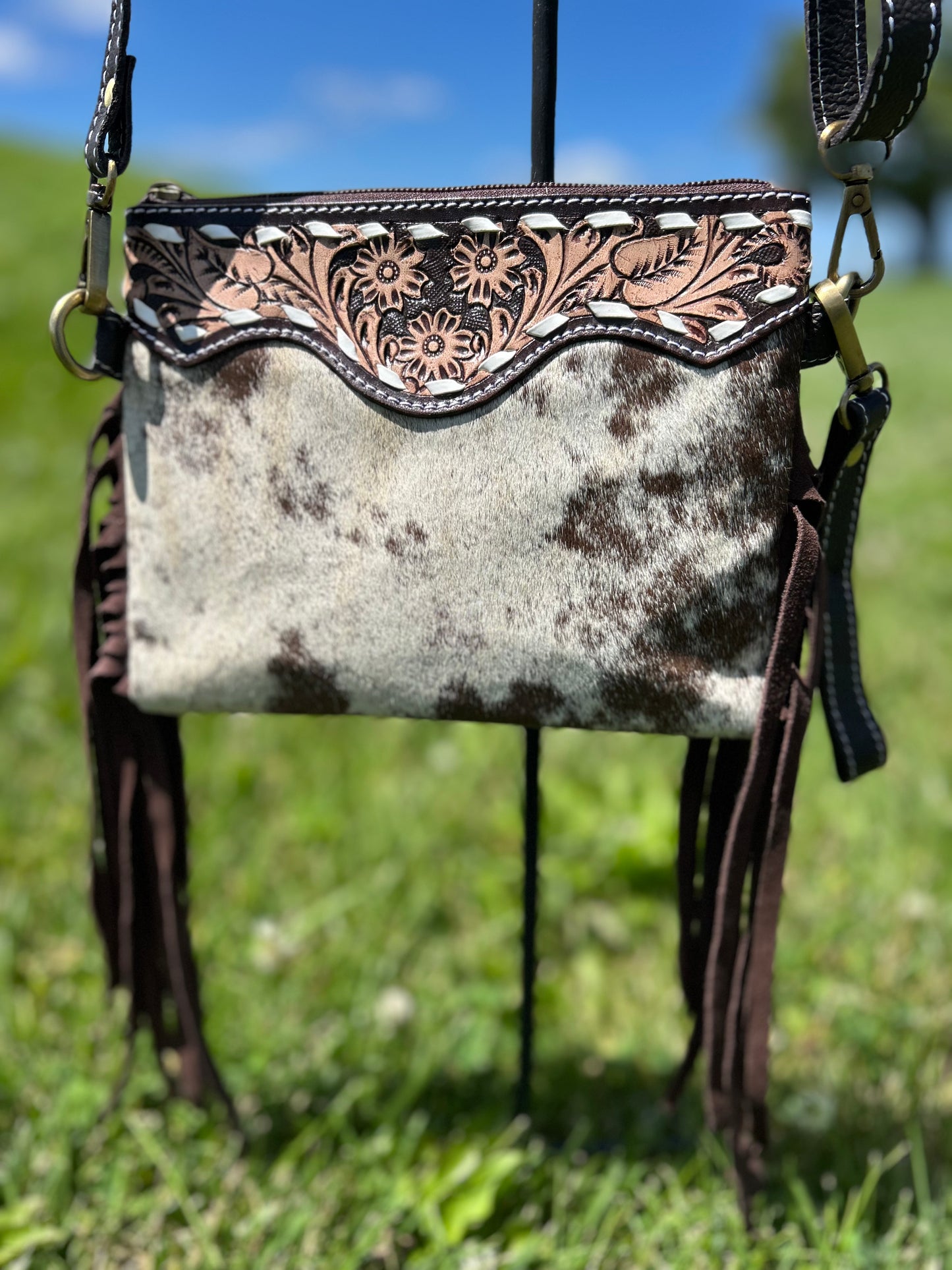 7x9 Crossbody / Wristlet Tooled Leather With Cowhide