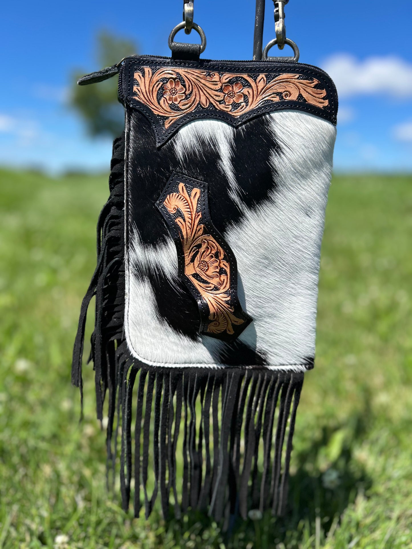Hand Tooled Cowhide Leather Sling Bag With Hand Strap 7x10.5