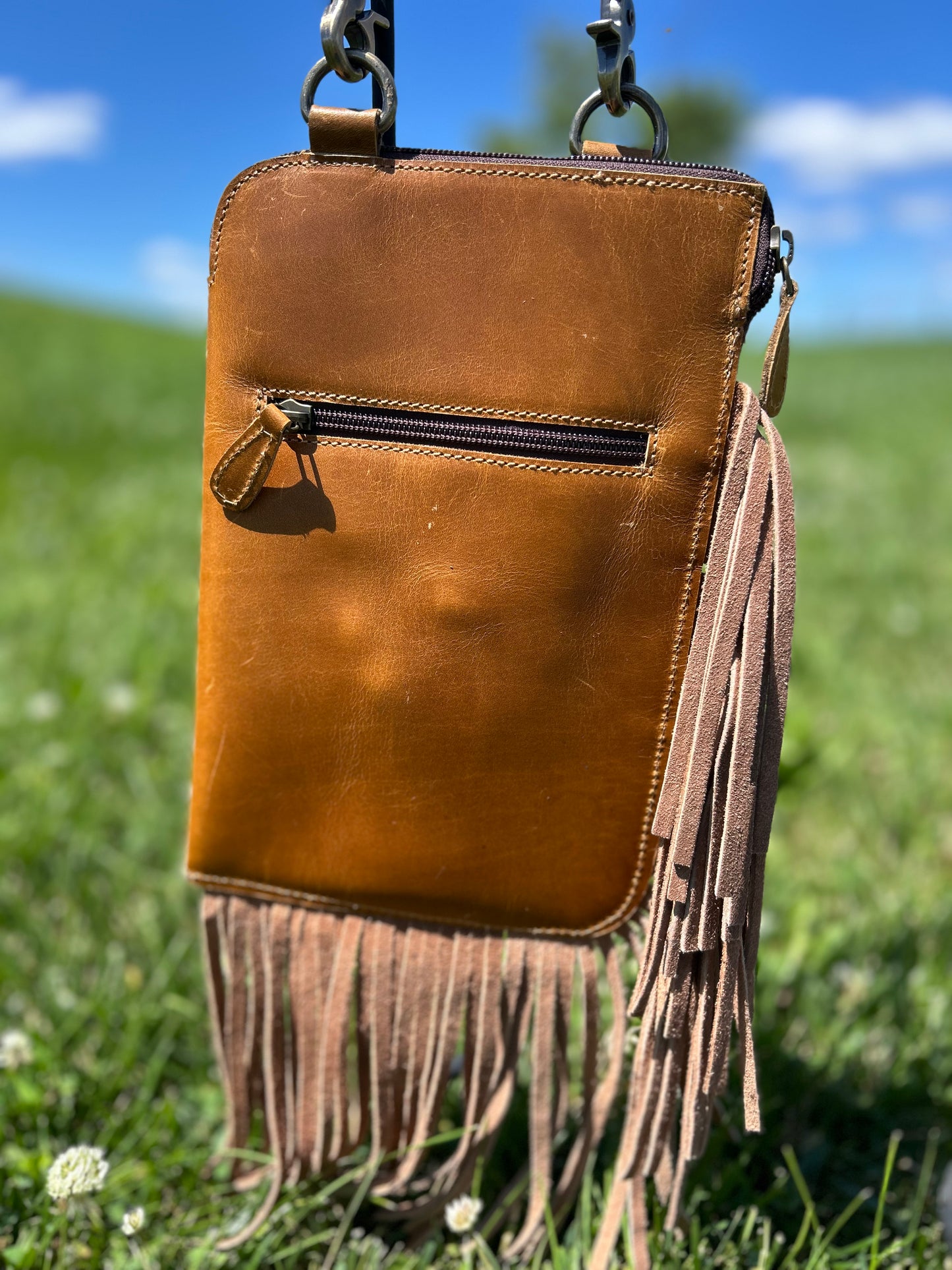 Hand Tooled Cowhide Leather Sling Bag With Hand Strap 7x10.5