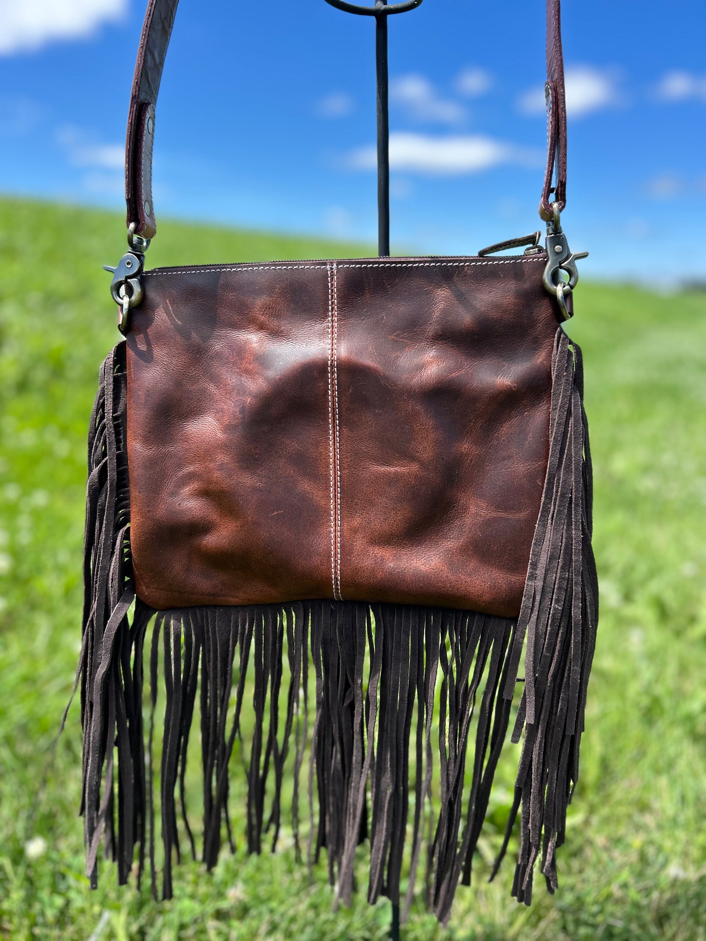 9x11 Tooled Leather With Cowhide Cross Body