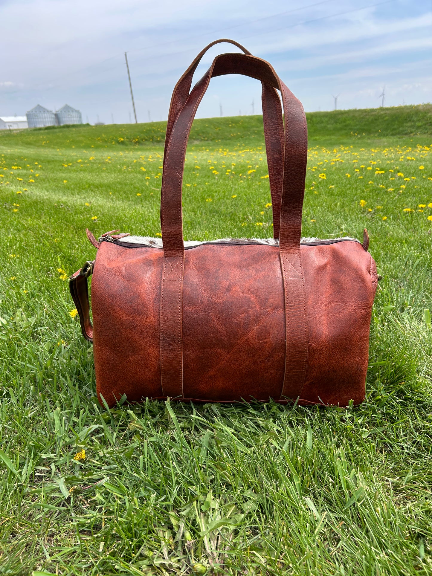 100% Genuine Buffalo Leather Duffel Bag 19x18x8 With Real Cowhide 8x8 Wool pocket On Front ✳️Free Shipping ✳️