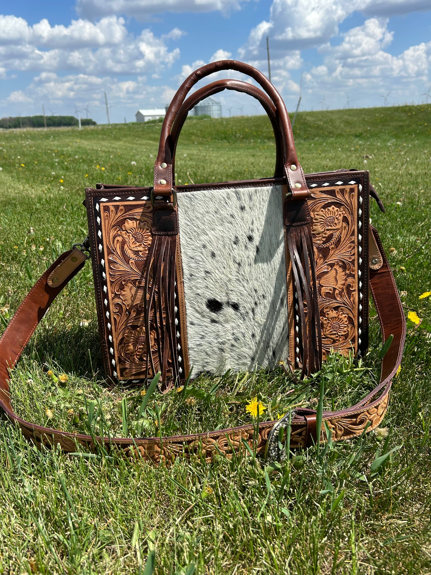 Leather Purse With Cowhide 12x16x5