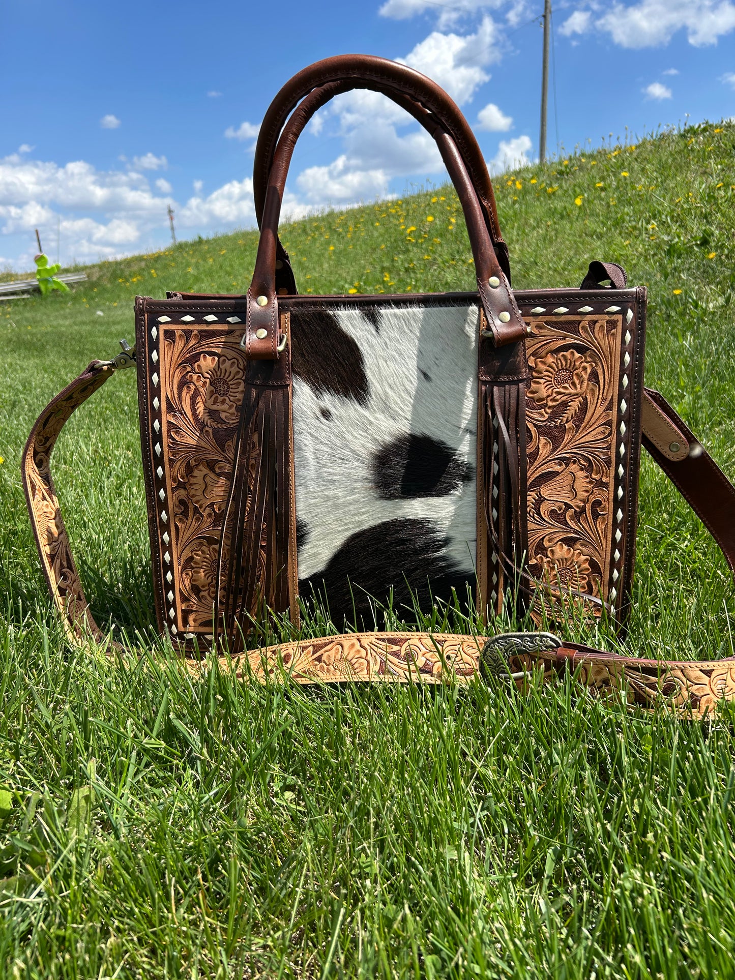Leather Purse With Cowhide 12x16x5