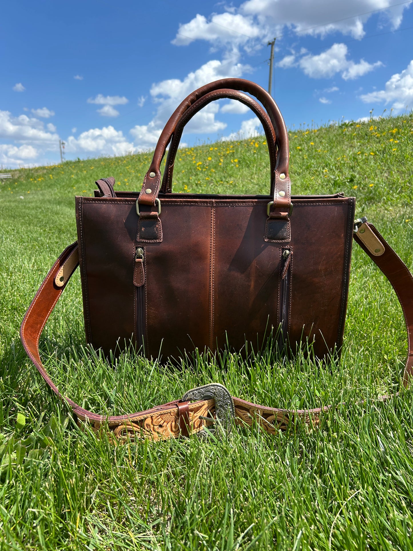 Leather Purse With Cowhide 12x16x5