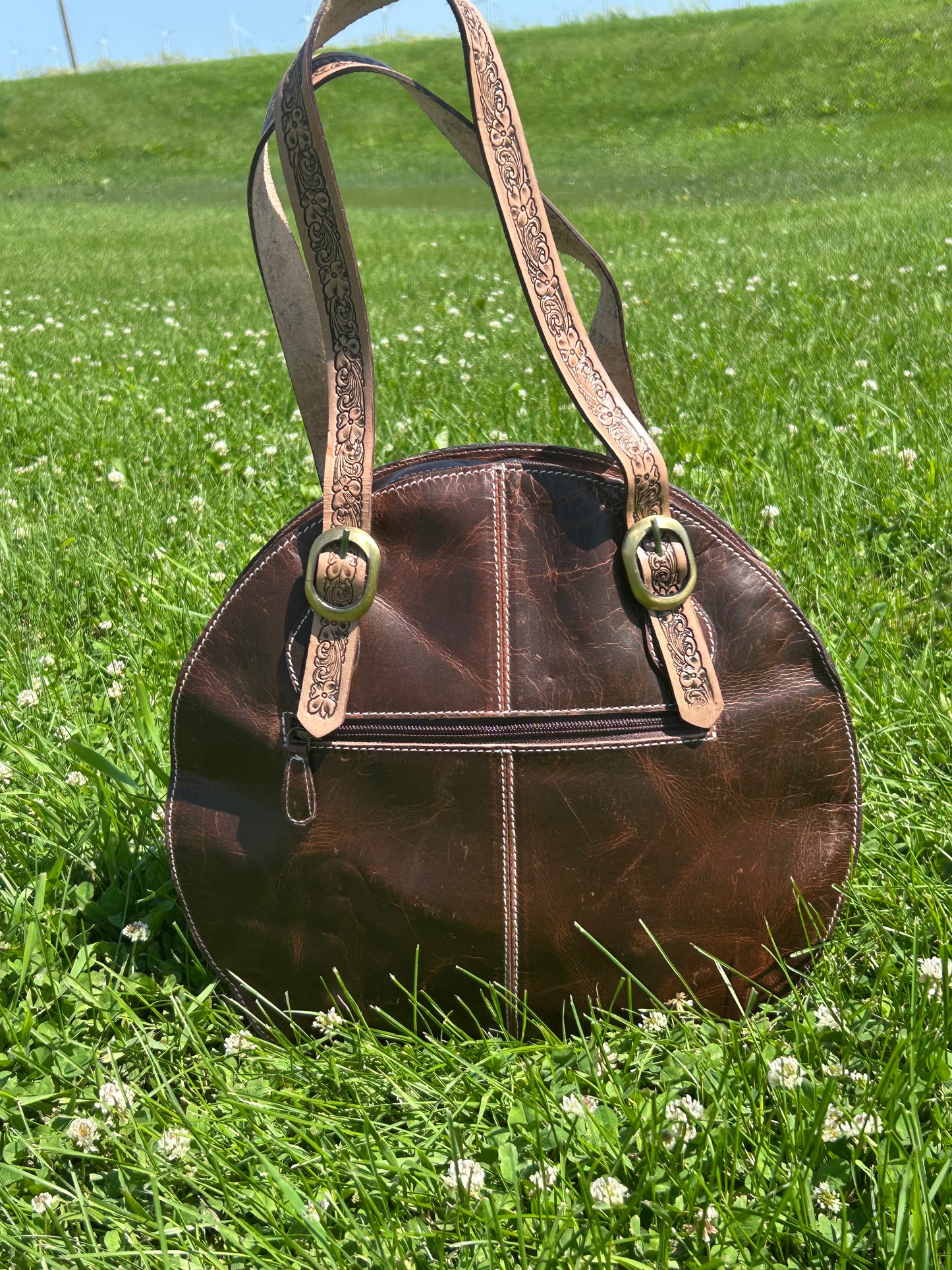 Leather Tooled Purse 14”In Diameter & 3” Wide