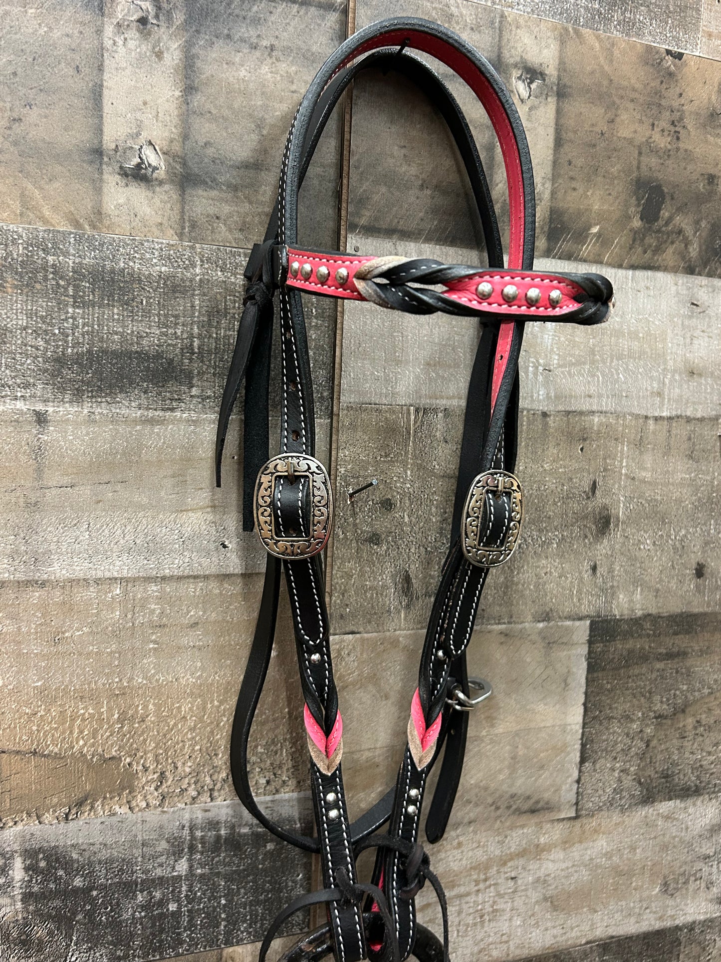 Classic Headstall By South Point Black Leather With Pink