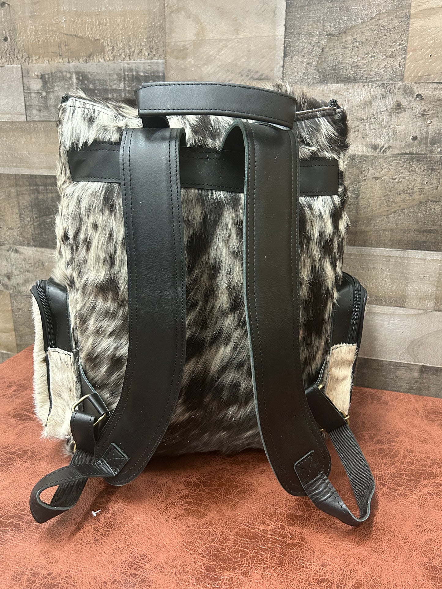 Leather Backpack With Cowhide L-12” H-14” W-6”
