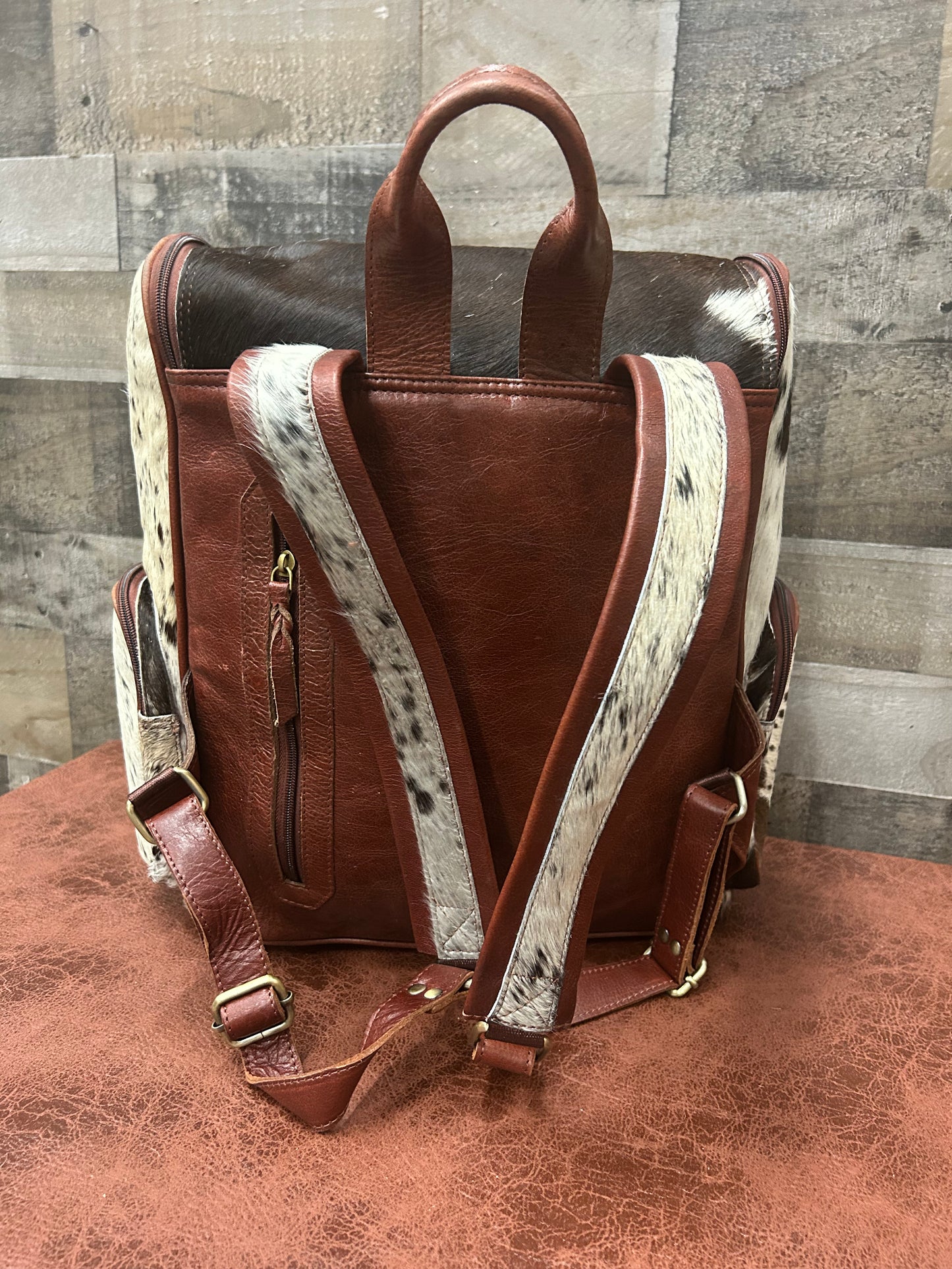 Leather Backpack With Cowhide L-12” H-14” W-6”