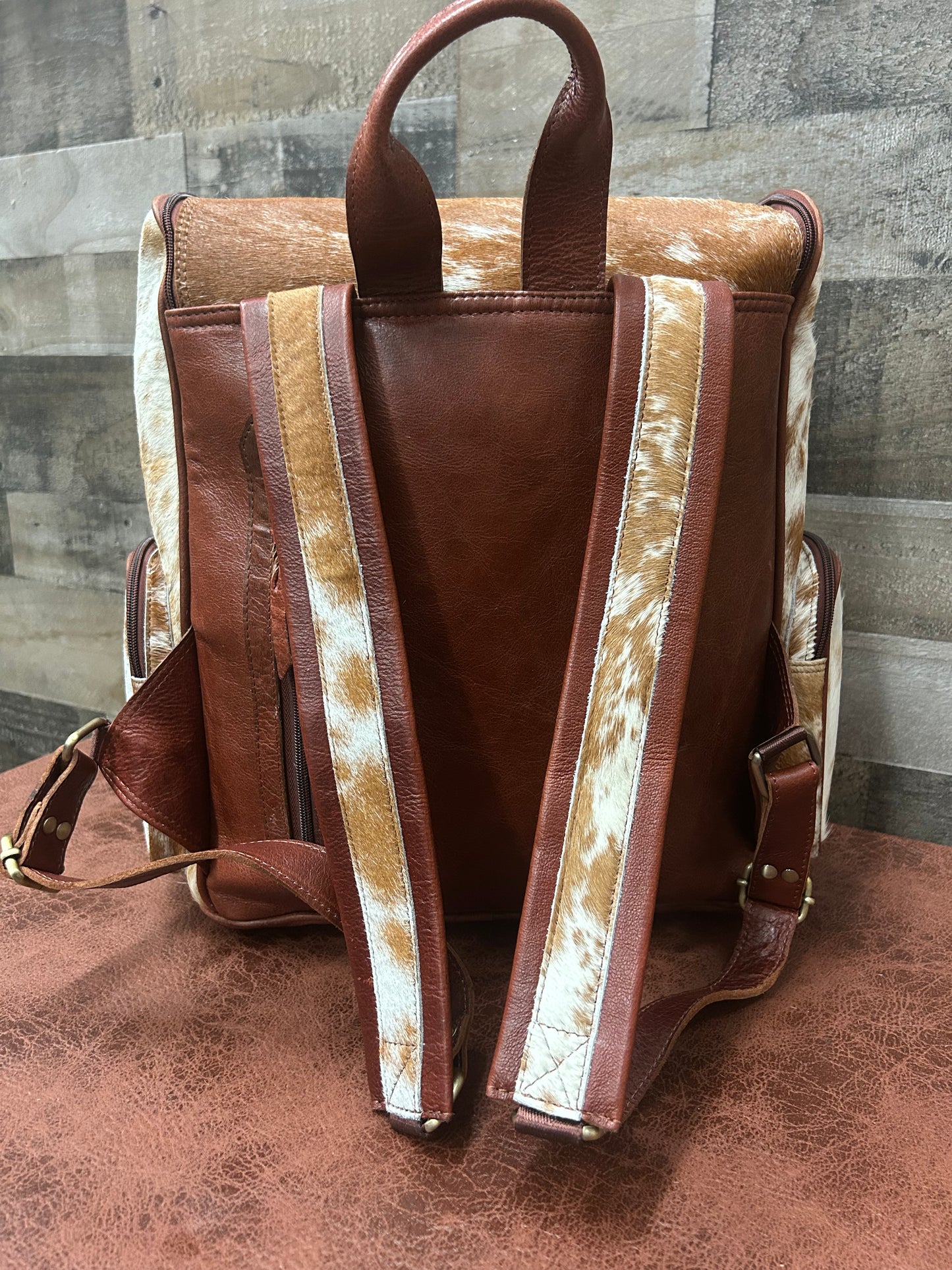 Leather Backpack With Cowhide L-12” H-14” W-6”
