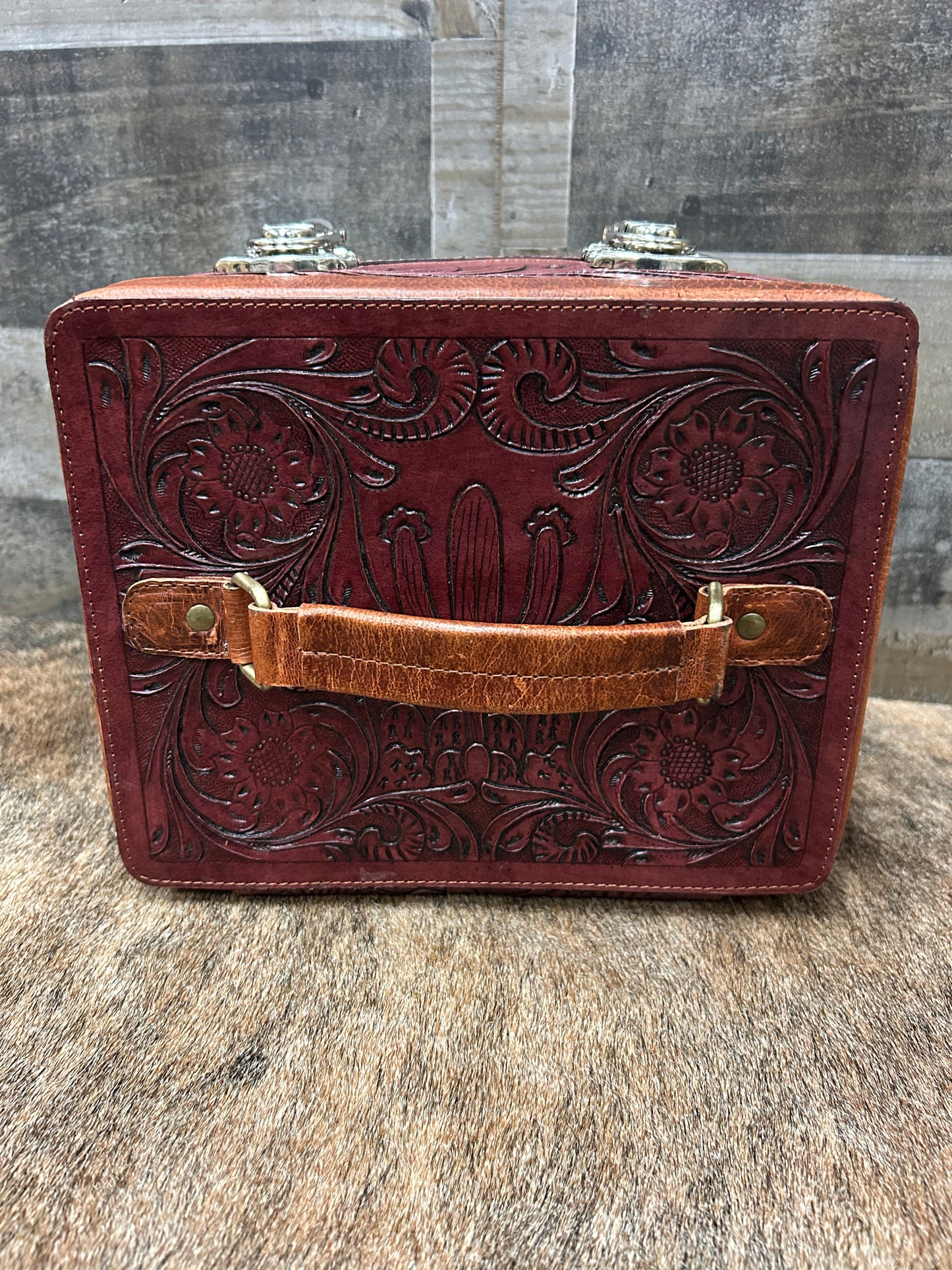 100% Leather Hand Tooled Jewelry Travel Case with Locking Latches 8x10x7