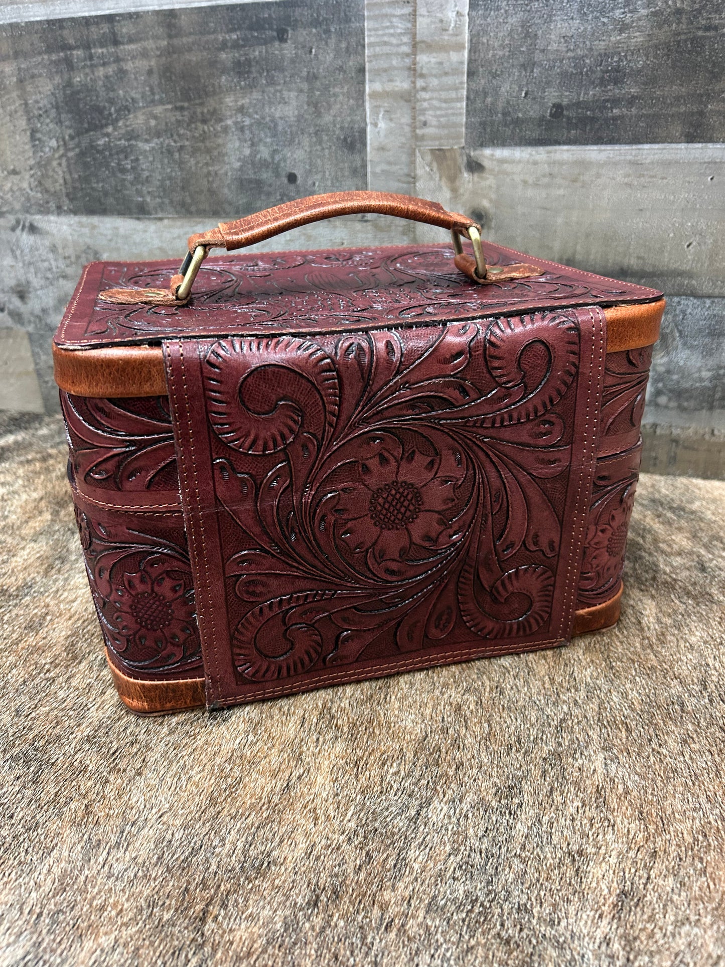 100% Leather Hand Tooled Jewelry Travel Case with Locking Latches 8x10x7