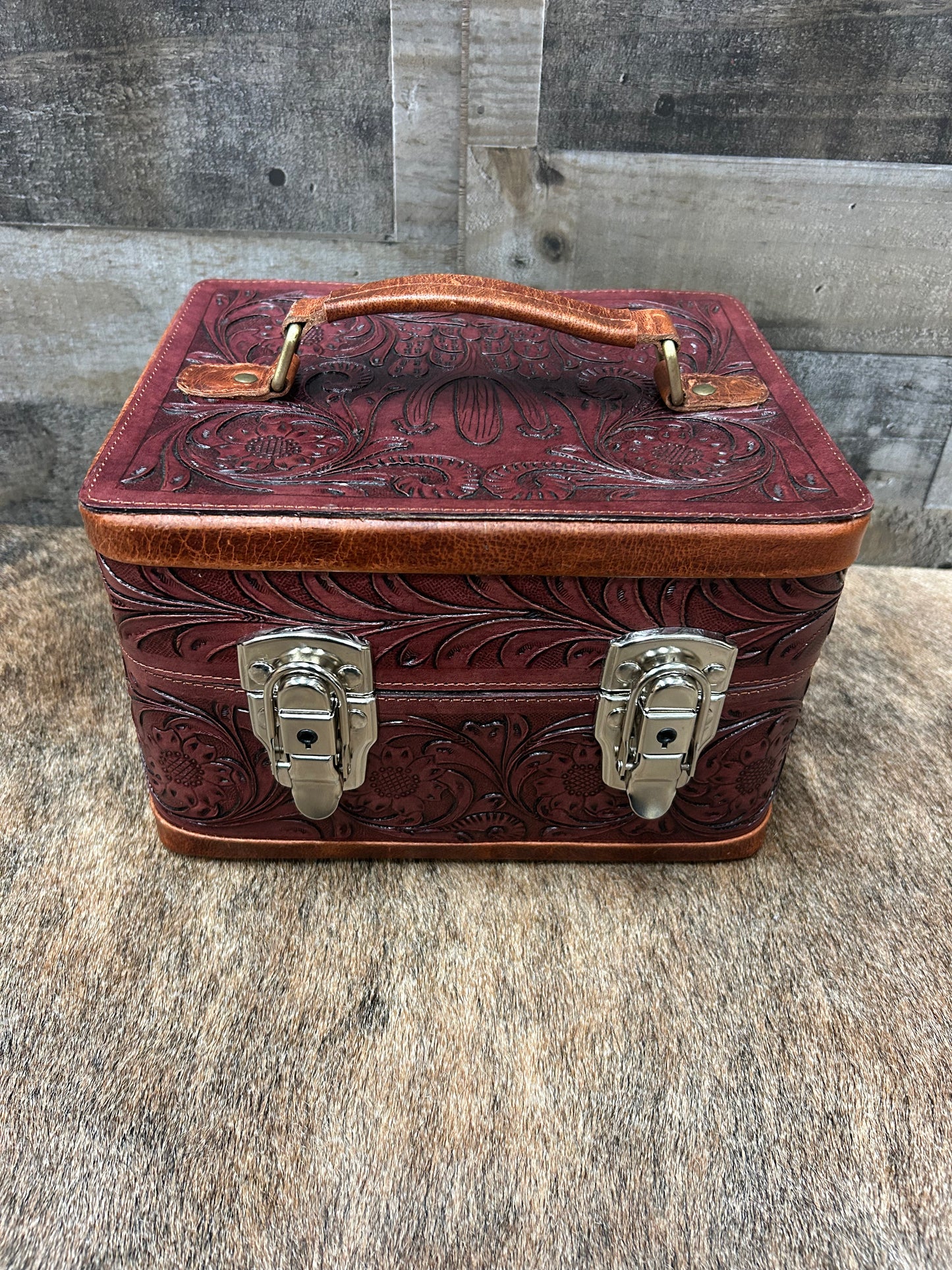 100% Leather Hand Tooled Jewelry Travel Case with Locking Latches 8x10x7