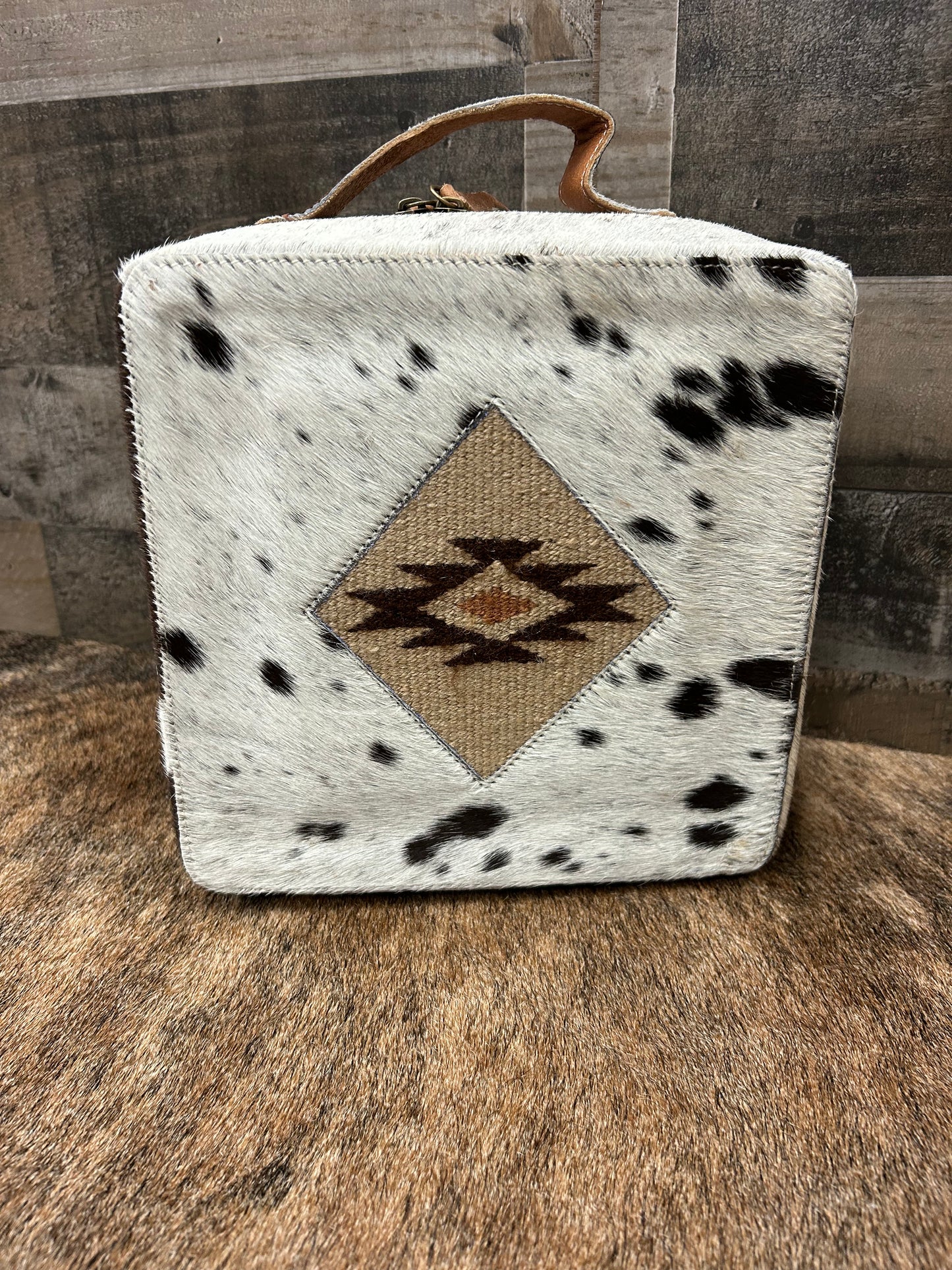 Classic Country Western Genuine Leather Covered In Cowhide Jewelry Box 9x9x4.5