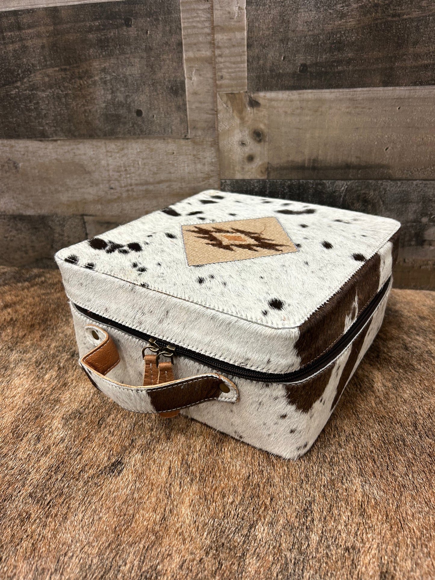 Classic Country Western Genuine Leather Covered In Cowhide Jewelry Box 9x9x4.5