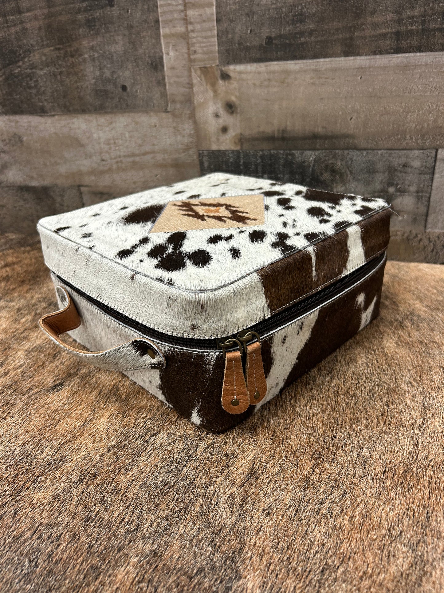 Classic Country Western Genuine Leather Covered In Cowhide Jewelry Box 9x9x4.5