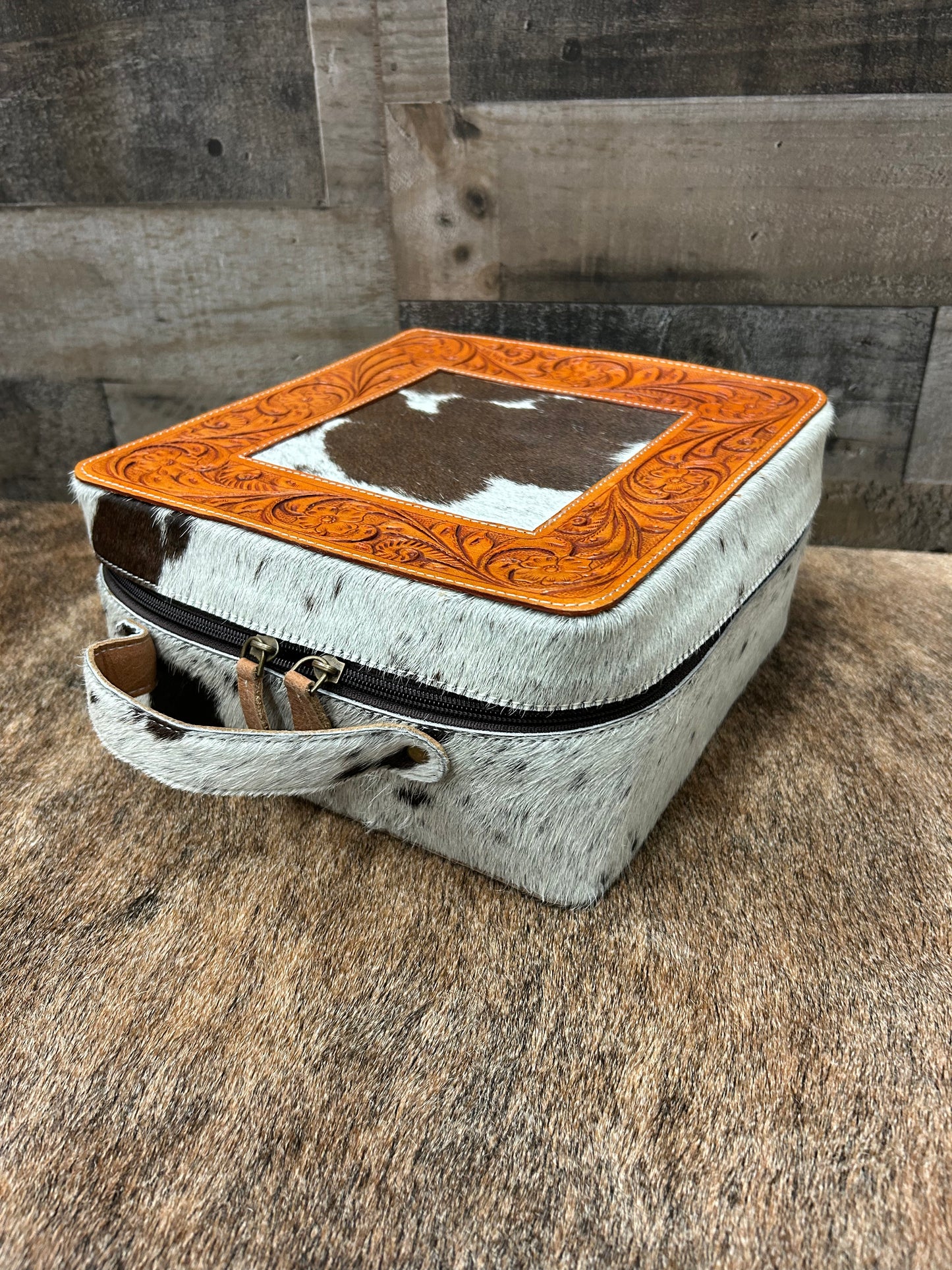 Leather Tooled Jewelry Box Wrapped In Cowhide 9x9x4.5