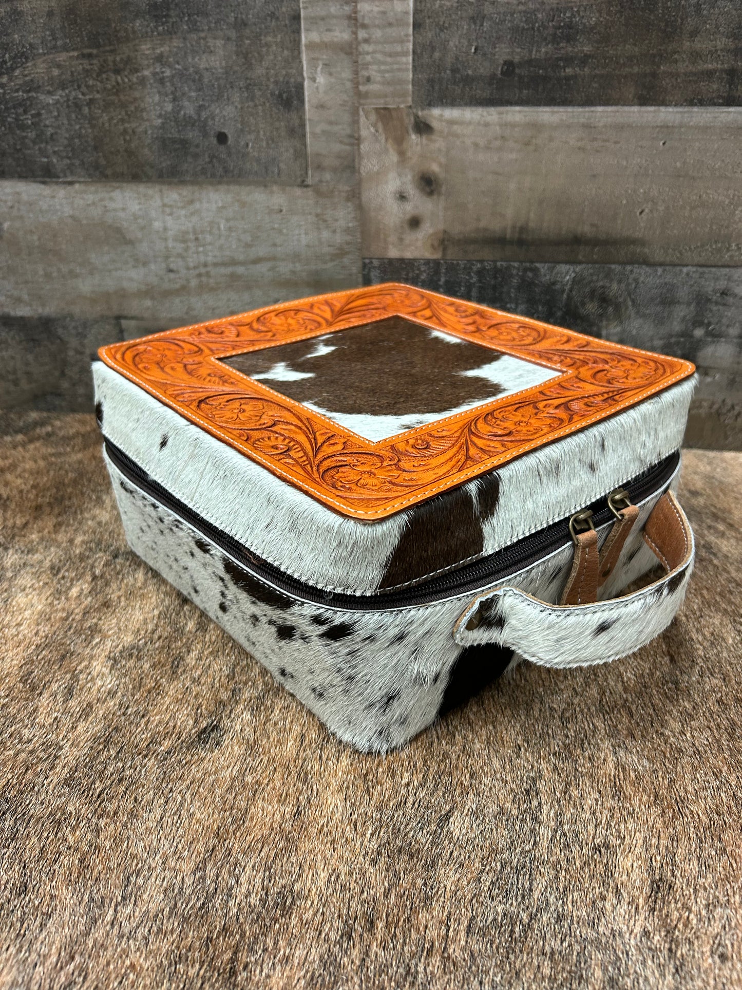 Leather Tooled Jewelry Box Wrapped In Cowhide 9x9x4.5