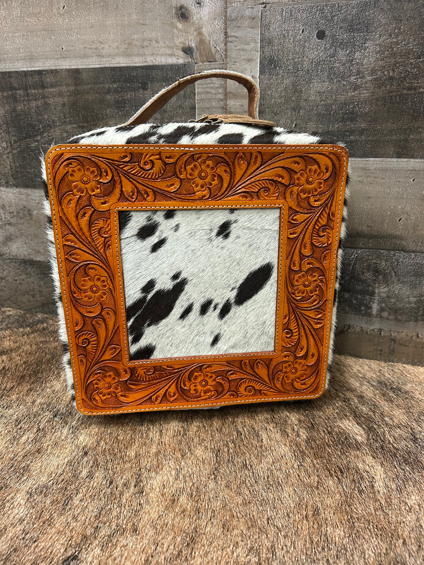 Leather Tooled Jewelry Box Wrapped In Cowhide 9x9x4.5