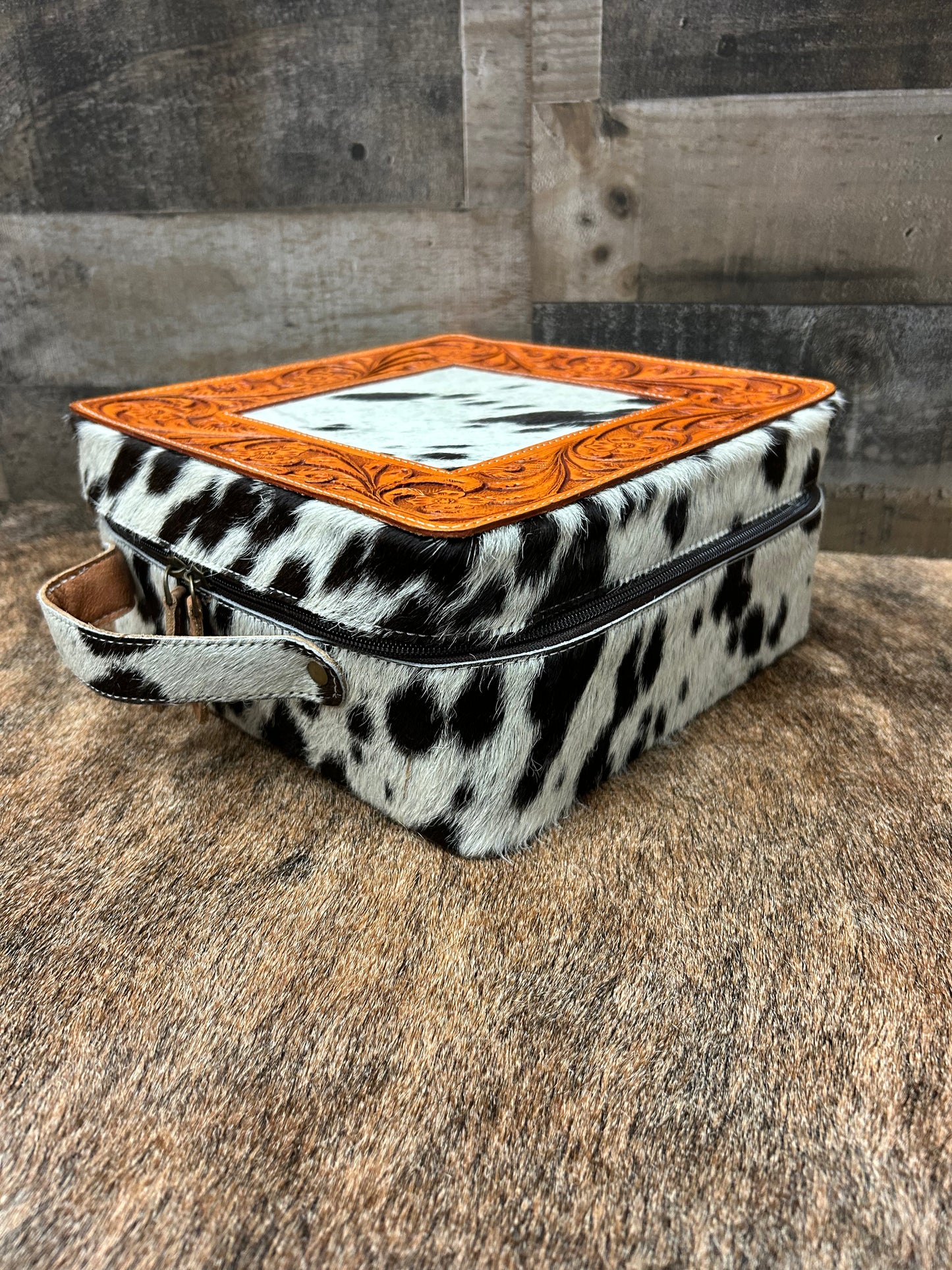 Leather Tooled Jewelry Box Wrapped In Cowhide 9x9x4.5