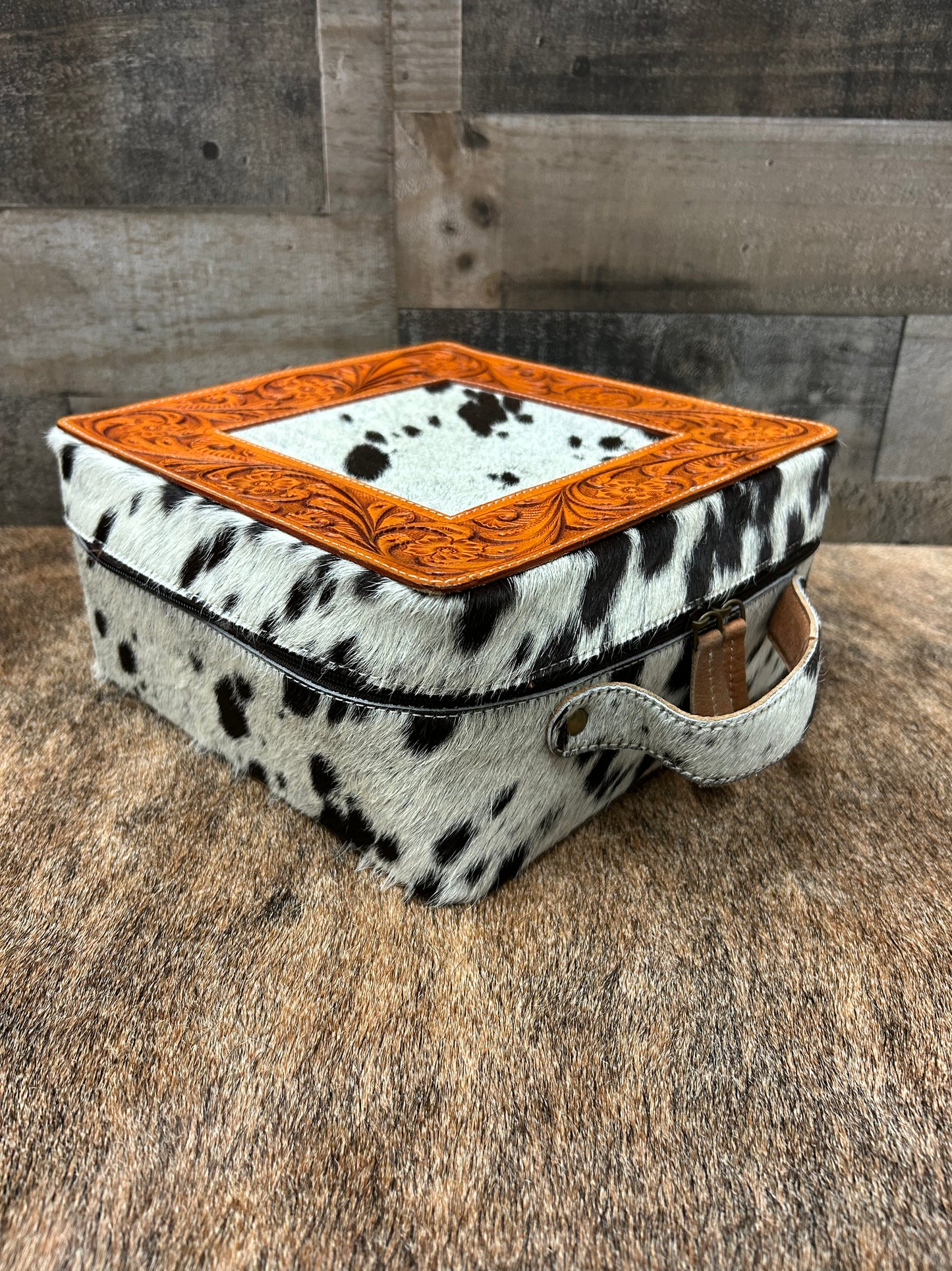 Leather Tooled Jewelry Box Wrapped In Cowhide 9x9x4.5