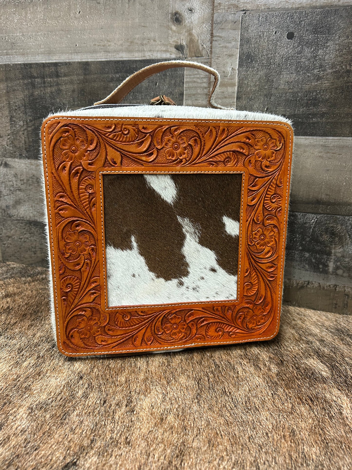 Leather Tooled Jewelry Box Wrapped In Cowhide 9x9x4.5