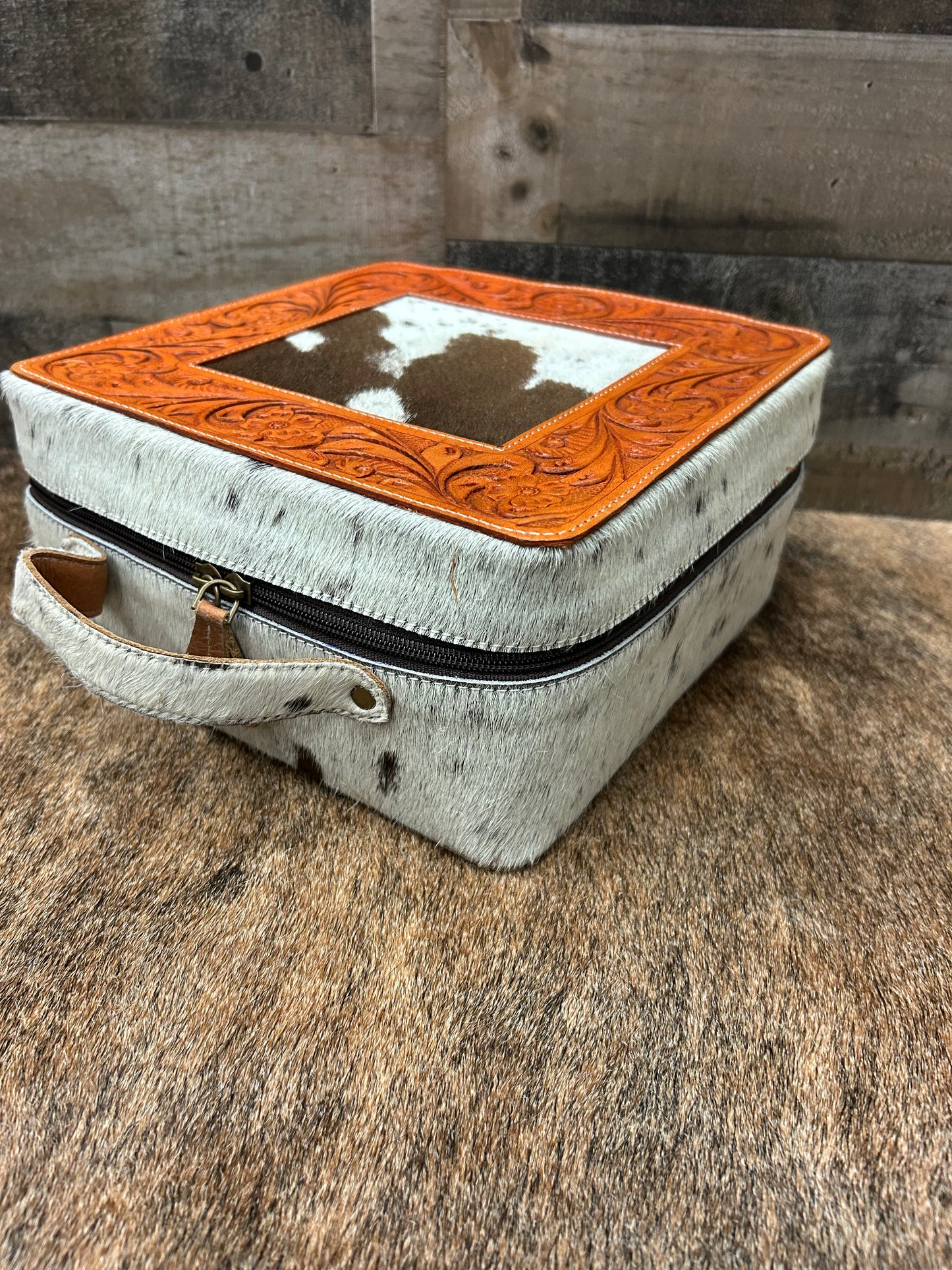 Leather Tooled Jewelry Box Wrapped In Cowhide 9x9x4.5