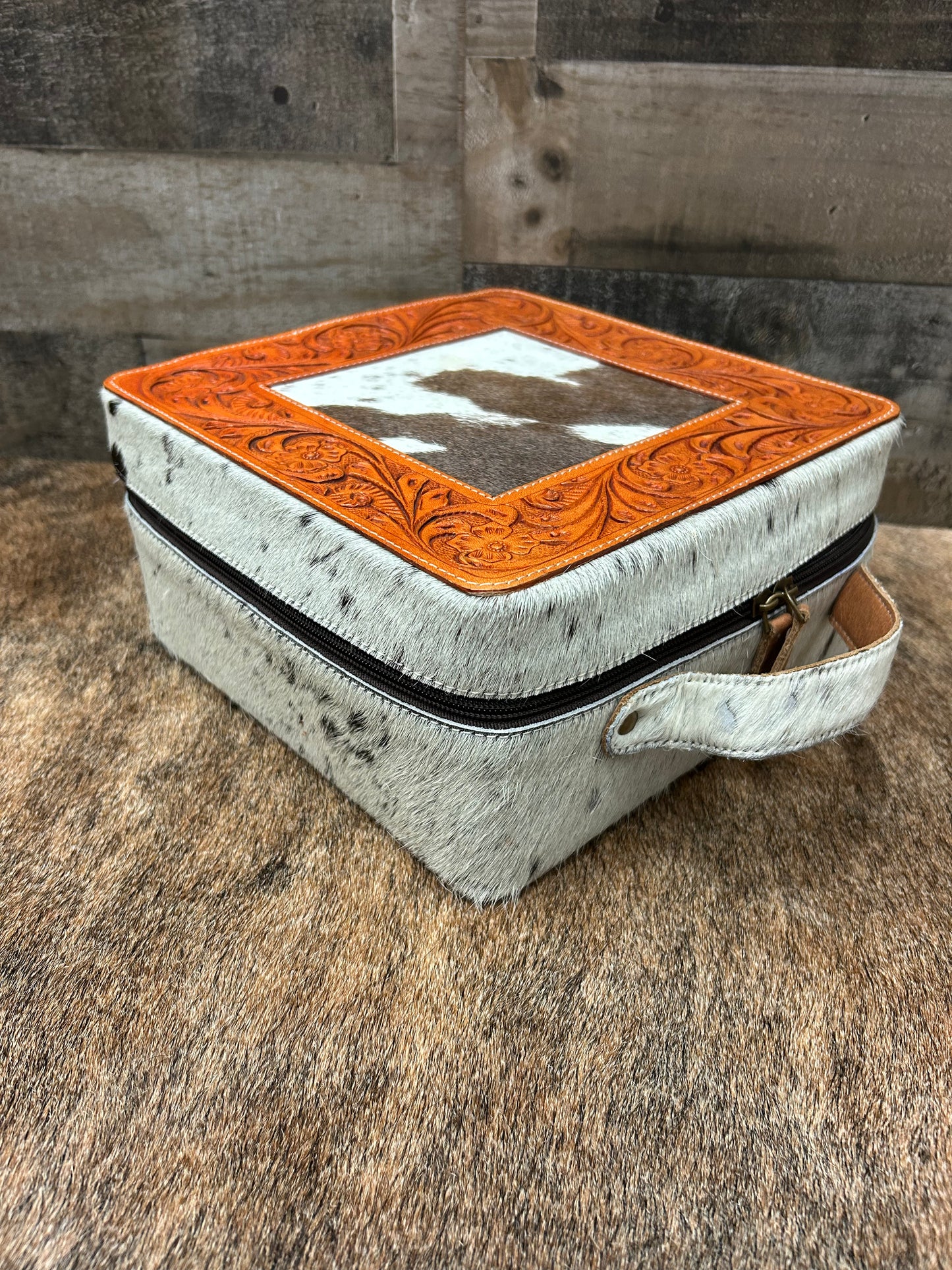 Leather Tooled Jewelry Box Wrapped In Cowhide 9x9x4.5