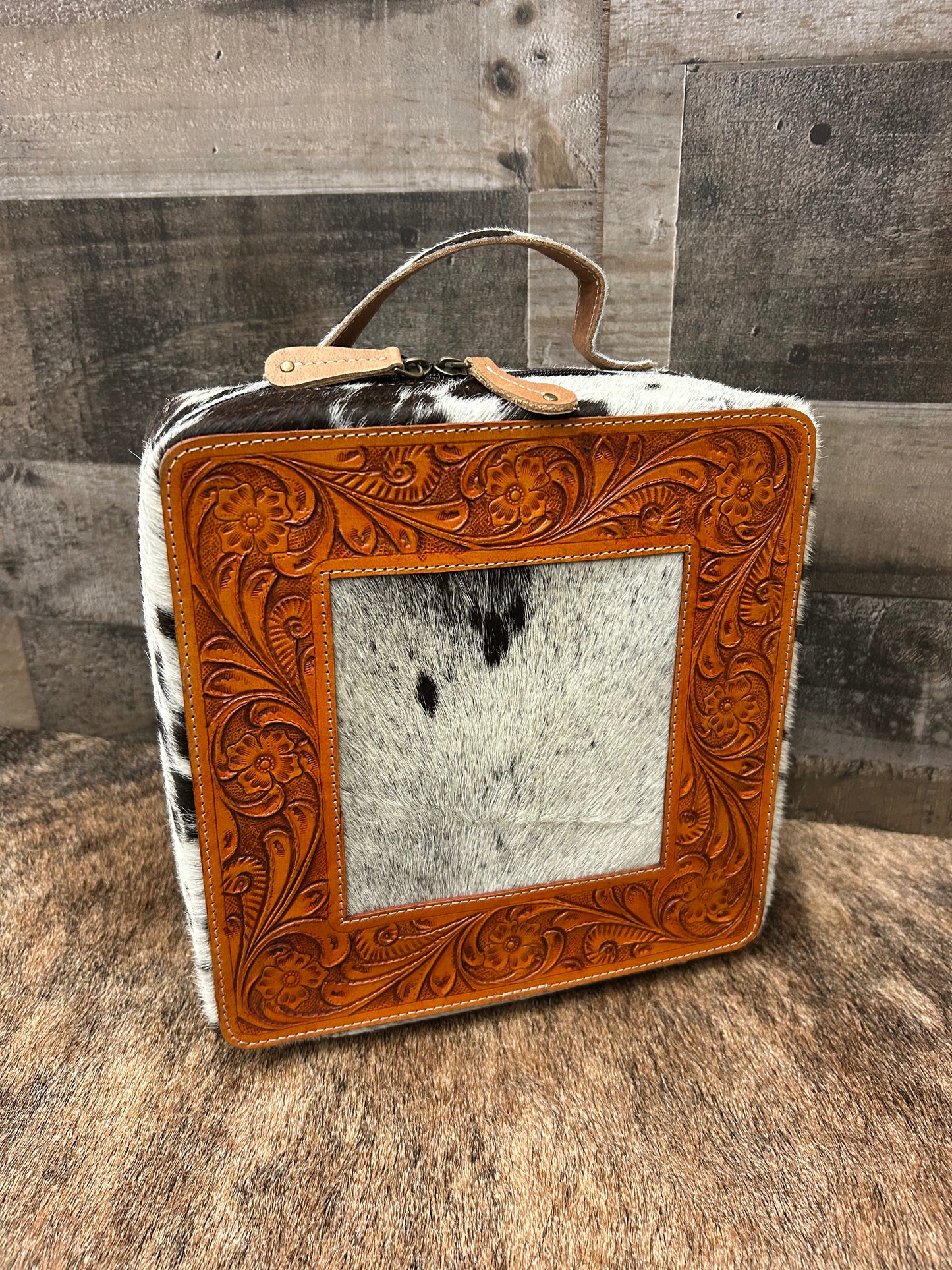 Leather Tooled Jewelry Box Wrapped In Cowhide 9x9x4.5