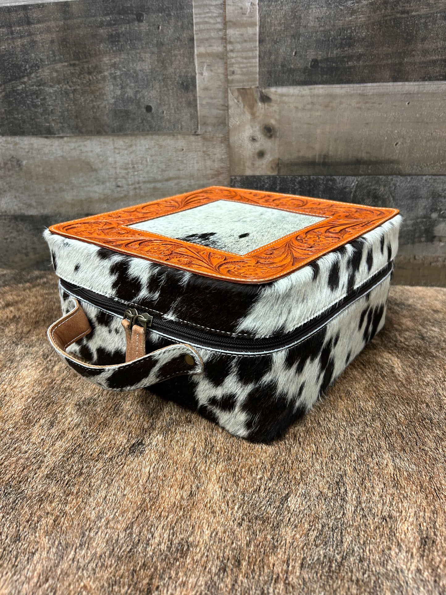 Leather Tooled Jewelry Box Wrapped In Cowhide 9x9x4.5