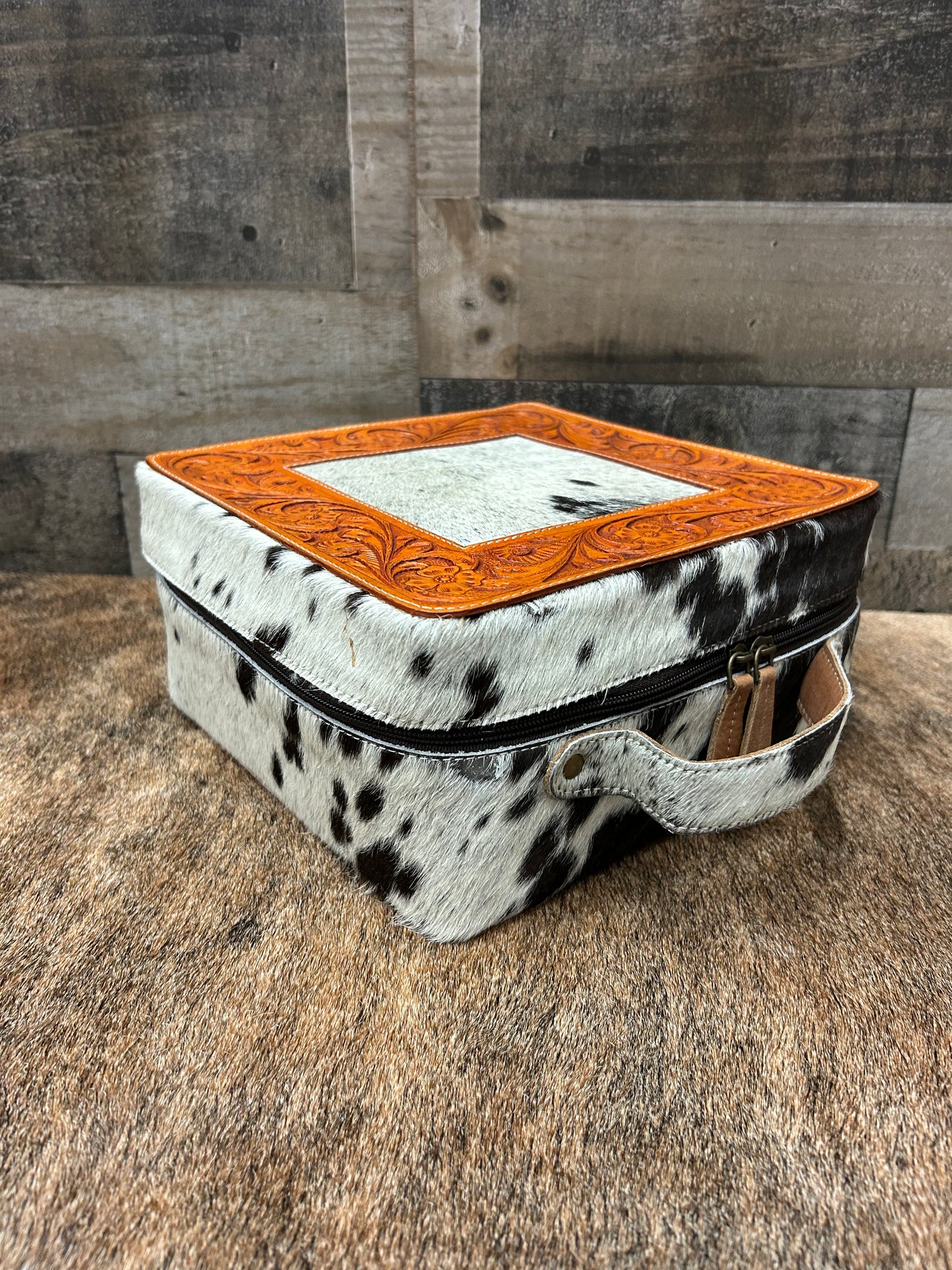 Leather Tooled Jewelry Box Wrapped In Cowhide 9x9x4.5