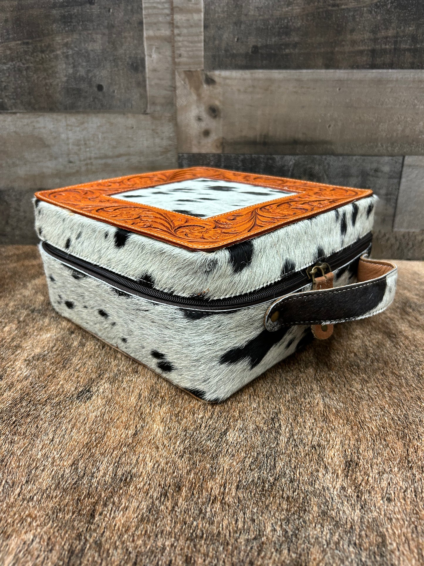 Leather Tooled Jewelry Box Wrapped In Cowhide 9x9x4.5