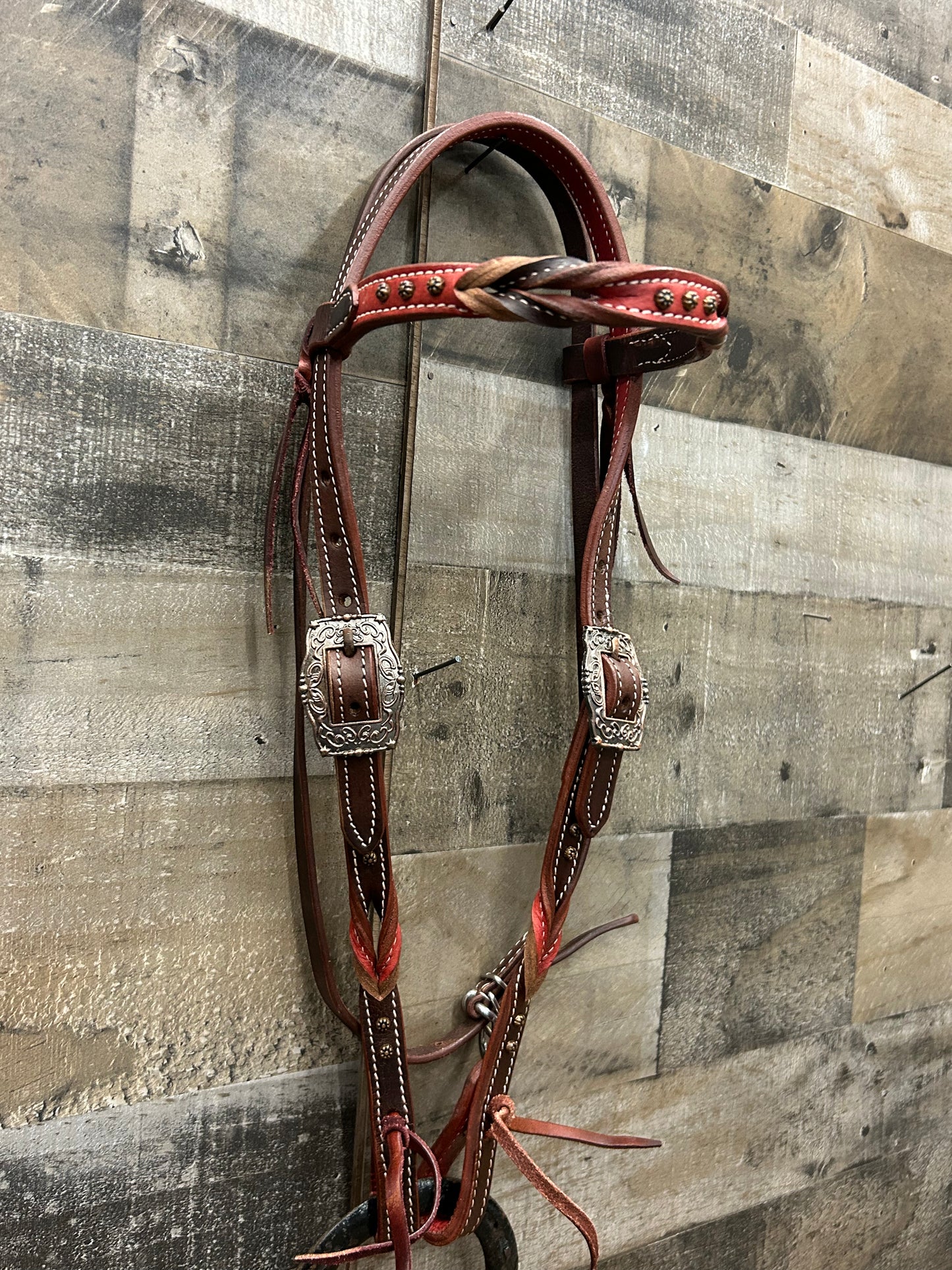 Classic Headstall BySouth Point Brown Leather With Red