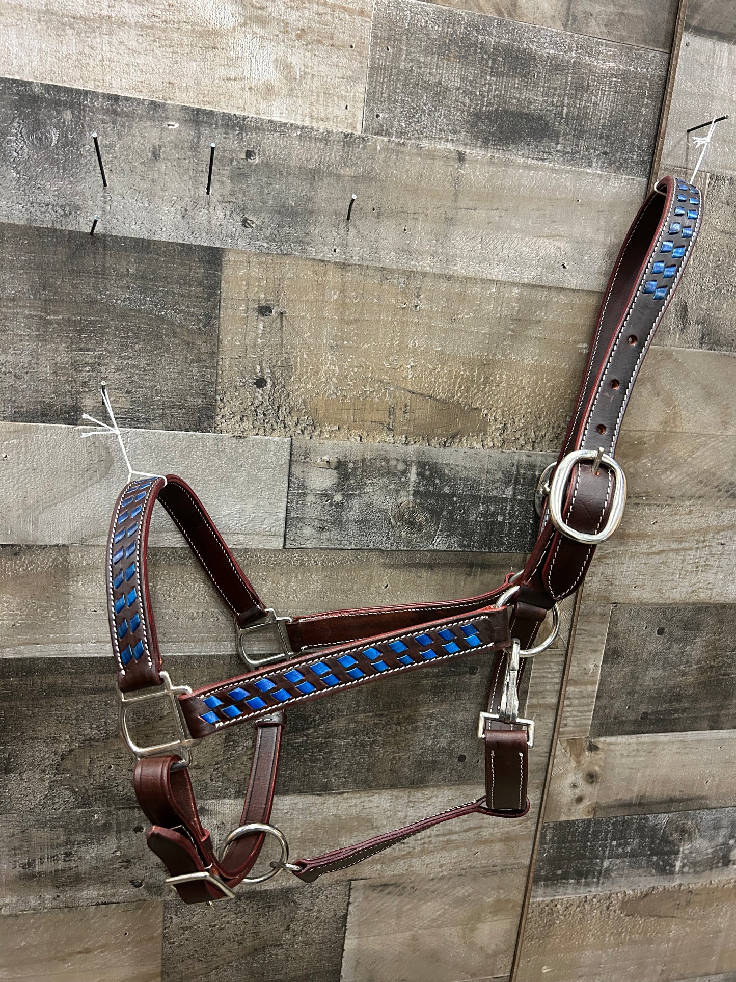Blue Buckstitch Leather Halter 3 Way Adjustable