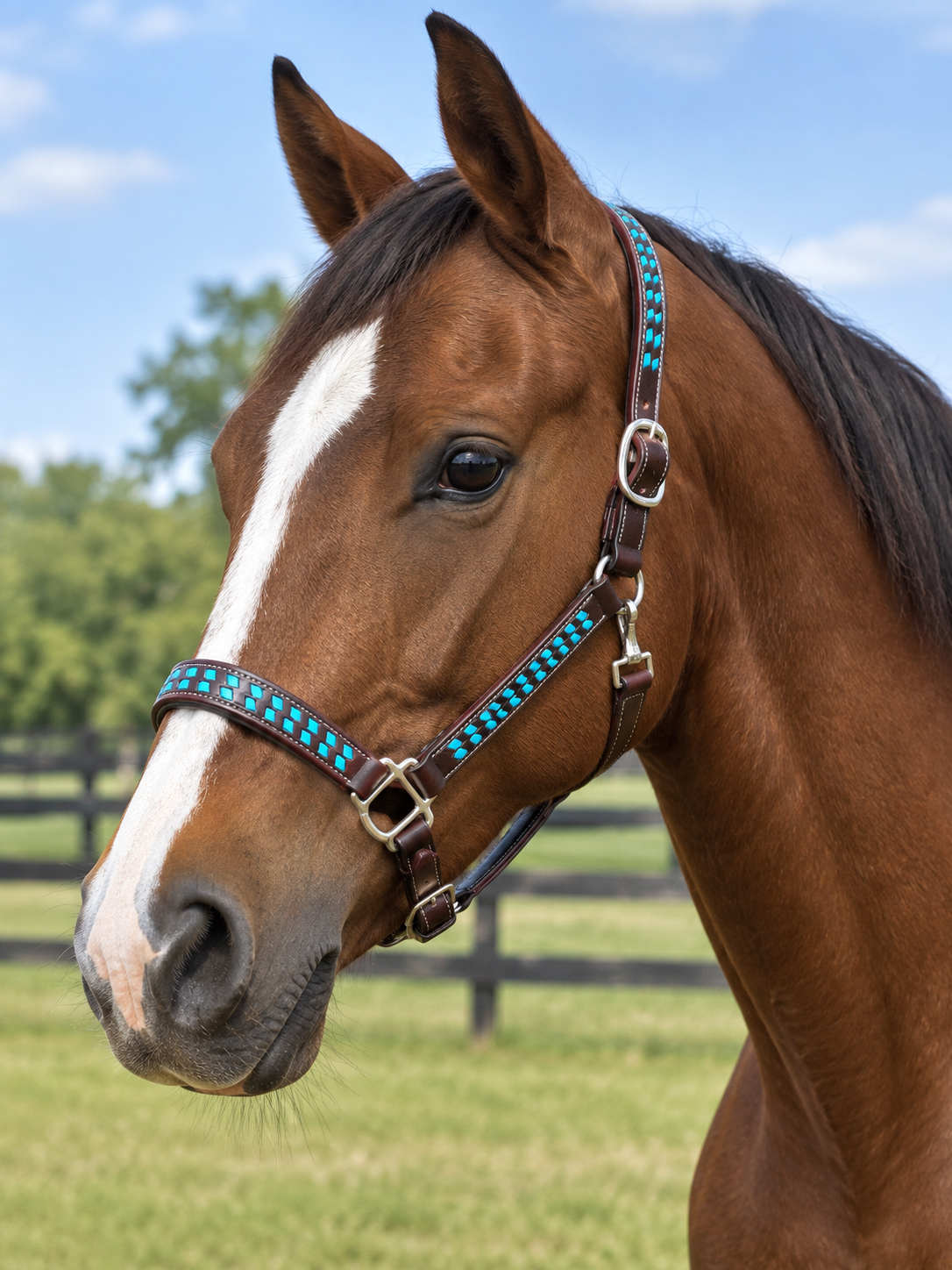 Turquoise Buckstitch Leather Halter 3 Way Adjustable