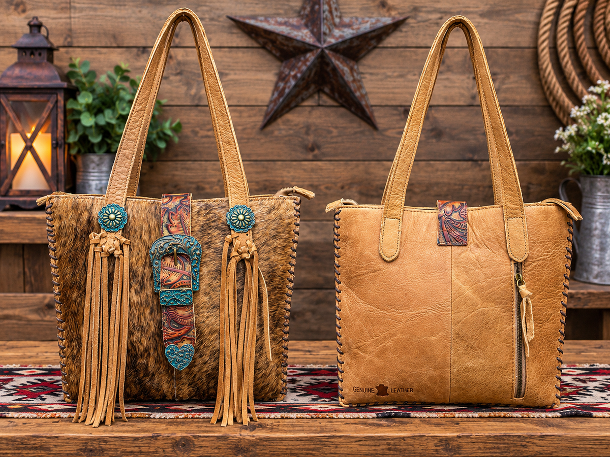 Leather Purse With Cowhide L-11”, W-2”, H-10”