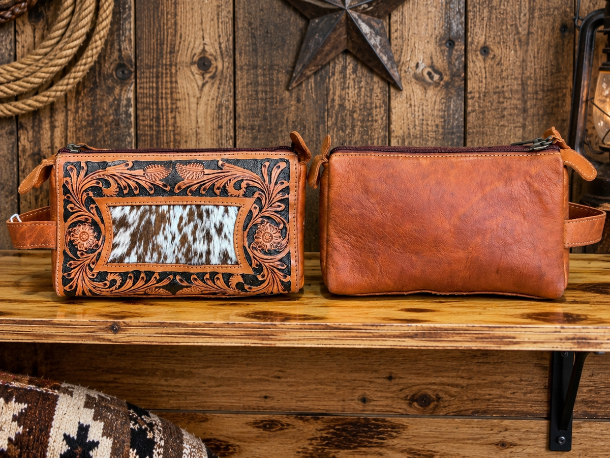 Leather With Cowhide Toiletry Bag 9”L x 5”T x 5”W