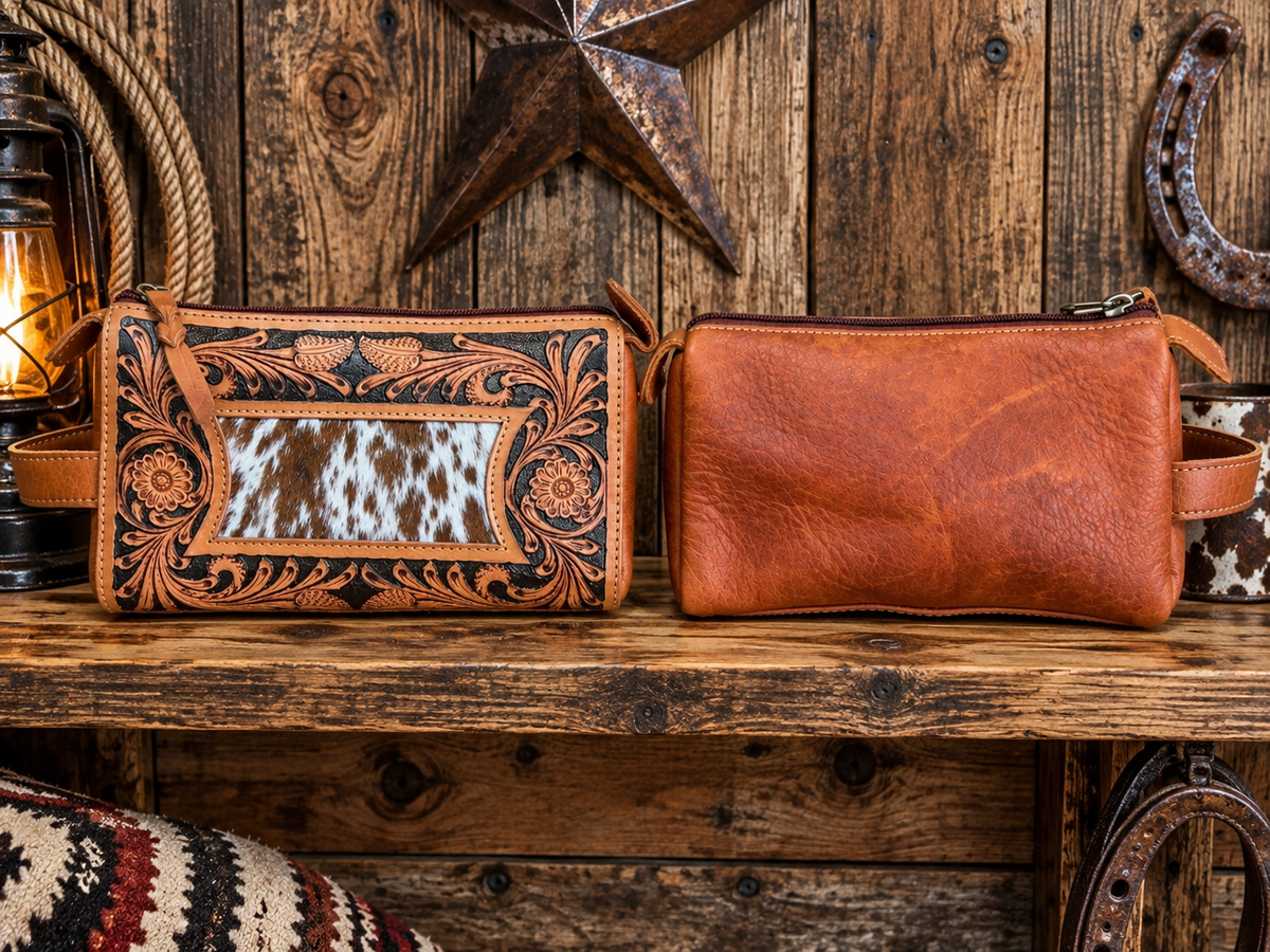 Leather With Cowhide Toiletry Bag 9”L x 5”T x 5”W