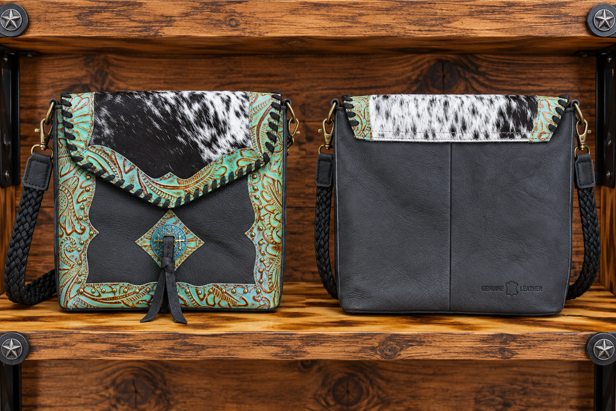 Leather With Cowhide Purse 9”L x 9”T x 3”W