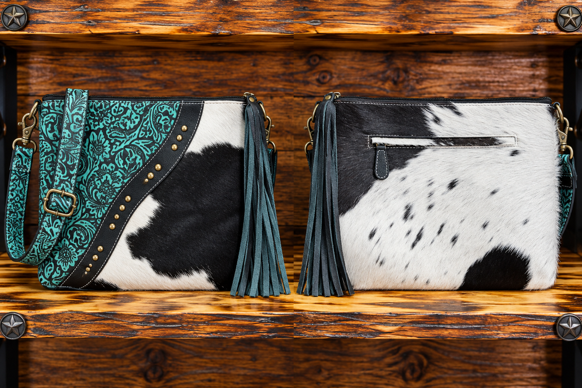 Leather With Cowhide Purse 14”L x 11”T x 2”W