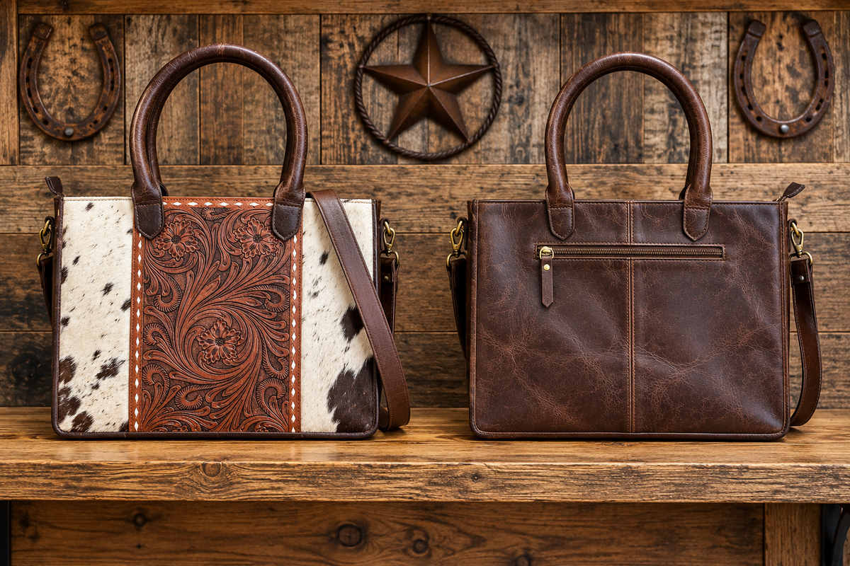 Leather With Cowhide Purse 14”L x 11”T x 3”W