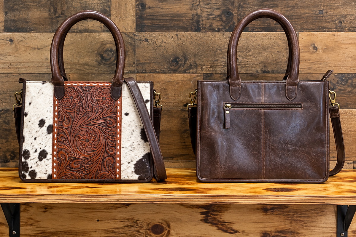 Leather With Cowhide Purse 14”L x 11”T x 3”W
